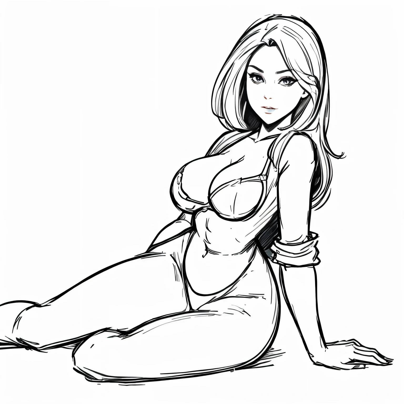 Coloring book for adults. Only black and white. low detail only main line. beautiful sensual nude and erotic woman with massive breasts. The breasts are not covered by anything. white background. white colors. full body view of blonde woman. (Ultra detailed:1.3) ((((best quality))) ,