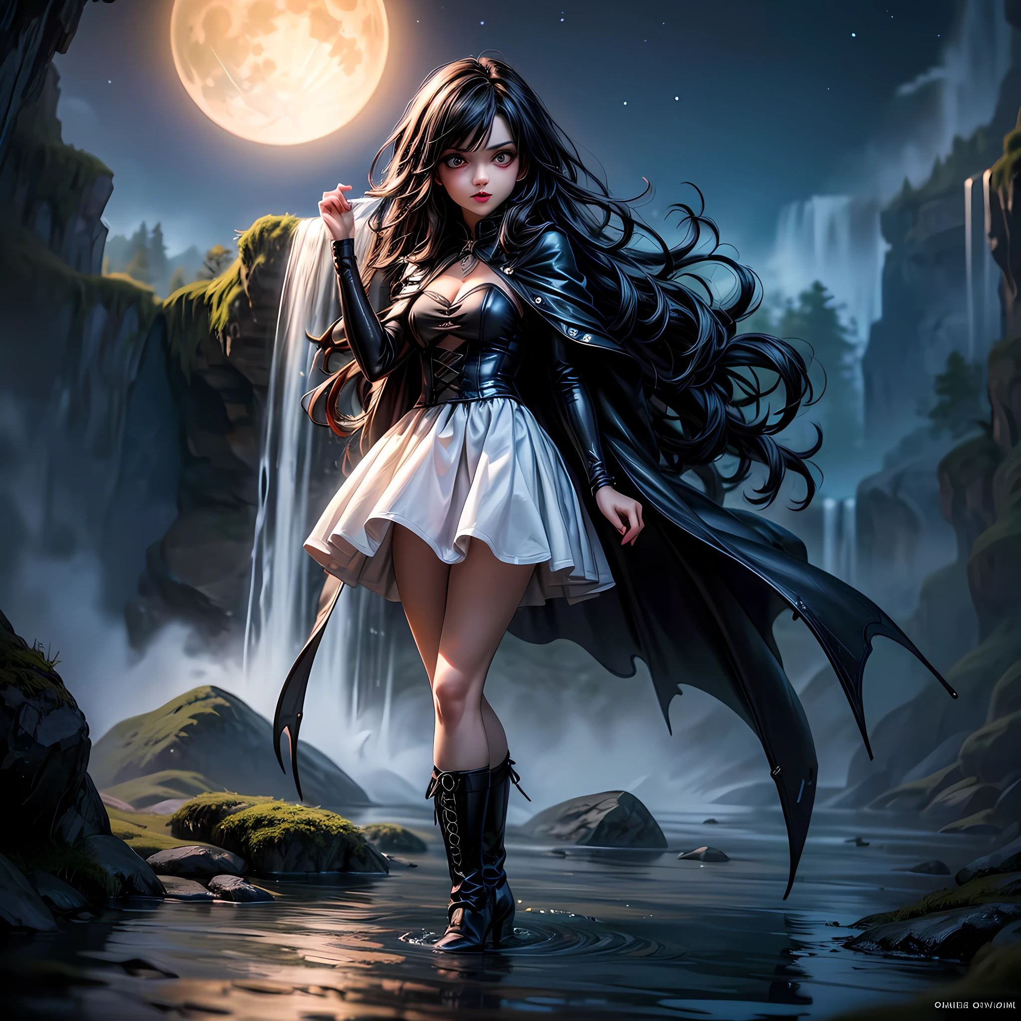 a picture of an exquisite beautiful female vampire standing under the starry night sky at the base of the waterfall, dynamic angle (ultra detailed, Masterpiece, best quality), ultra feminine, (black skin: 1.3), black hair, wavy hair, dynamic eyes color, cold eyes, glowing eyes, intense eyes, dark red lips, [fangs], wearing white dress (ultra detailed, Masterpiece, best quality), wearing blue cloak (ultra detailed, Masterpiece, best quality), long cloak, flowing cloak (ultra detailed, Masterpiece, best quality), wearing high heeled boots,  water coming down from a mountain, multi level water falls, several pools created in different levels, forming new waterfalls, water cascading into a pool steam rising, clear water in many hues of blue and azure falling, ultra best realistic, best details, best quality, 16k, [ultra detailed], masterpiece, best quality, (extremely detailed), ultra wide shot, photorealism, depth of field, hyper realistic painting, sky full of stars background, moon, bats flying about, high details, best quality, 8k, [ultra detailed], masterpiece, best quality, (ultra detailed), full body, ultra wide shot, photorealism, dark fantasy art, dark fantasy art, gothic art, many stars, dark fantasy art, gothic art, sense of dread, bloodmagic