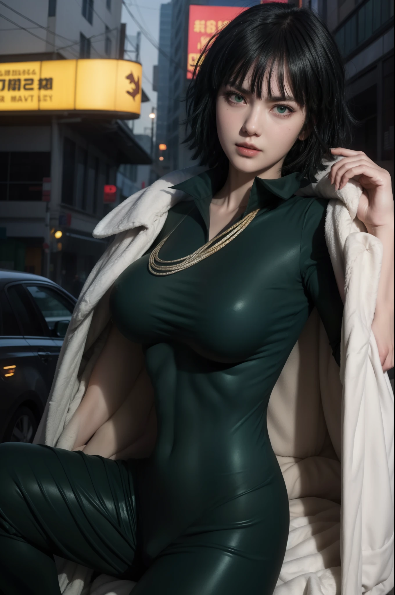 One punch man art style, yusuke murata art style, fubuki from one punch man, green eyes, short deep green hair, wearing black bodysuit, sitting on a city street, matured face, blushing, joyful expression, dynamic pose, big breast, big hips, full body view, big body, fat body,