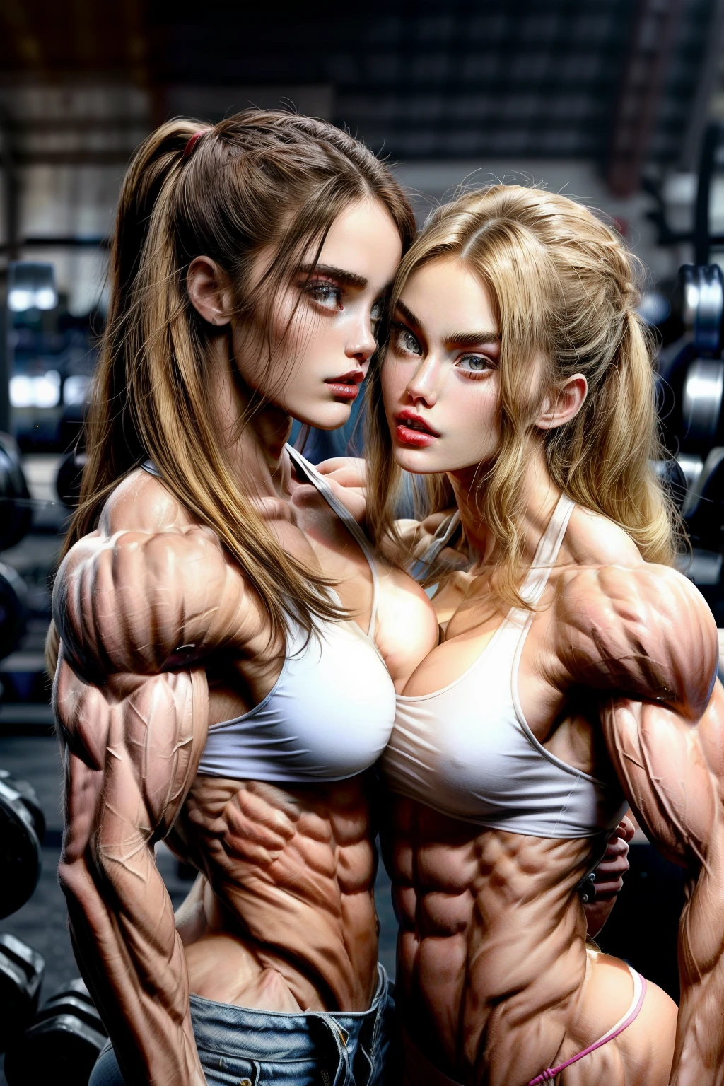 (2 girls body builders:1.6), ((masterpiece)), best quality, ultra-detailed:1.7, finely detail, high resolution:1.6, perfect dynamic composition, beautiful detailed faces:1.77, blonde babes:1.88, perfect red lipstick, perfect makeup:1.8, short denim bikini , large breasts:1.4, lovely look:1.7, gorgeous face:1.6, defined muscles:1.4, beautiful faces:1.8, alessandra ambrossio, izabel goulart, Kate Upton, Gigi Hadid, candice swanpoel ,popped out dense veins on muscles:1.8, hyper detailed picture:1.4, 8k resolution: 1.7, flex muscles:1.3, hyper muscular body shape:1.42, photorealistic:1.5, realistic:1.6, face masterpiece:1.74, good and professional lighting on picture:1.38, Ukrainian-Moroccan muscle beauty goddess, masterpiece 22 years old Ariana Grande and Madison Beer as bodybuilders, extremely high resolution, hyper feminine beauty , hyper realistic texture, hyper muscularity, hyper vascularity, ass of titanium, muscles of steel, ripped body shape, ripped sexy ass with bikini, muscular ass , topless, kissing, good face details, hyper face detailing, doing sex, super romantic moment, hyper romantic, romantic kiss, nude females, perfect symmetrical face, sexy french kiss with tongues, serious muscle posing, serious female bodybuilders