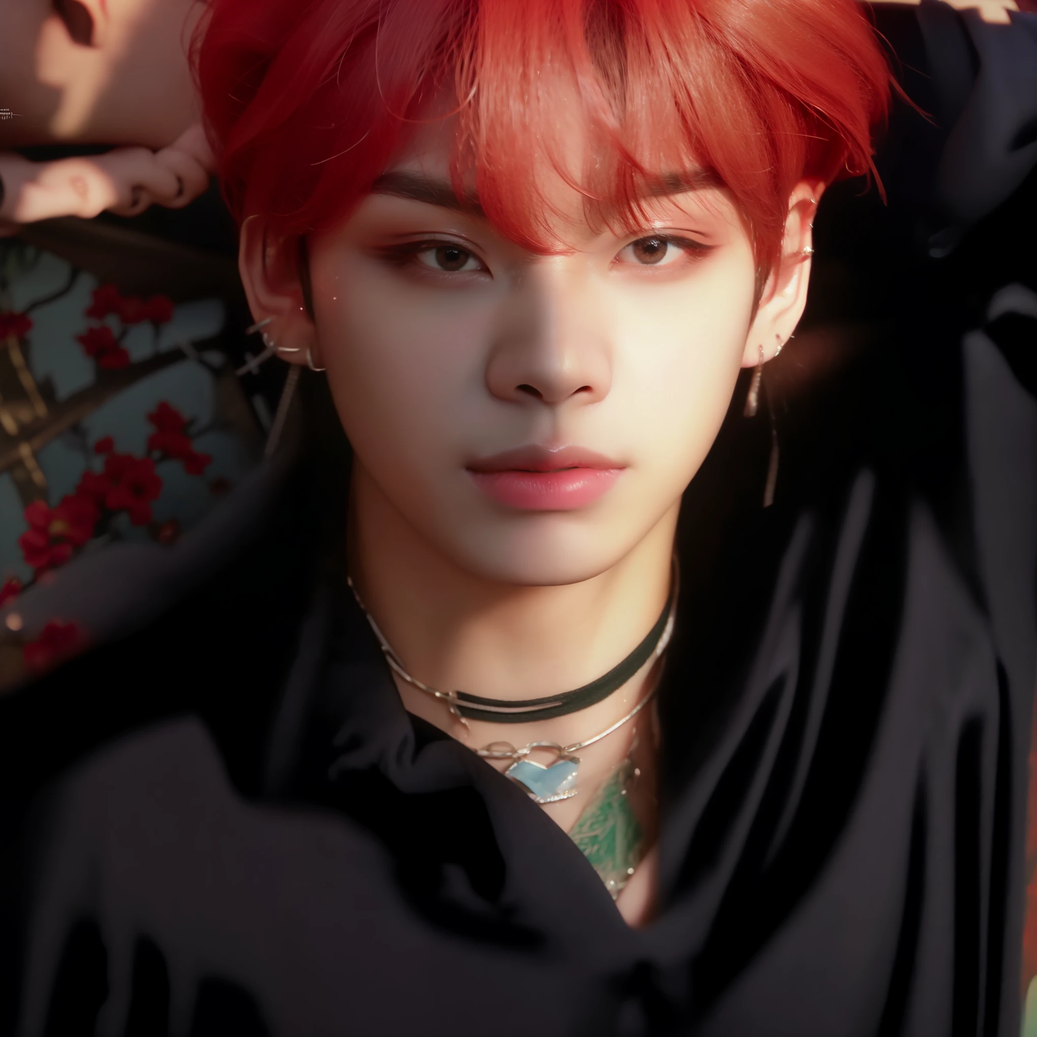 um close up de uma pessoa com cabelos ruivos e uma camisa preta, Kim Doyoung, Jinyoung Shin, kpop idol portrait, Retrato de Jossi do Blackpink, Ulzzang masculino, inspirado em jeonseok lee, inspirado em Yanjun Cheng, seus olhos brilhando em vermelho, Jung Jaehyun, Cai Xukun, Sakimichan, inspirado em Bian Shoumin