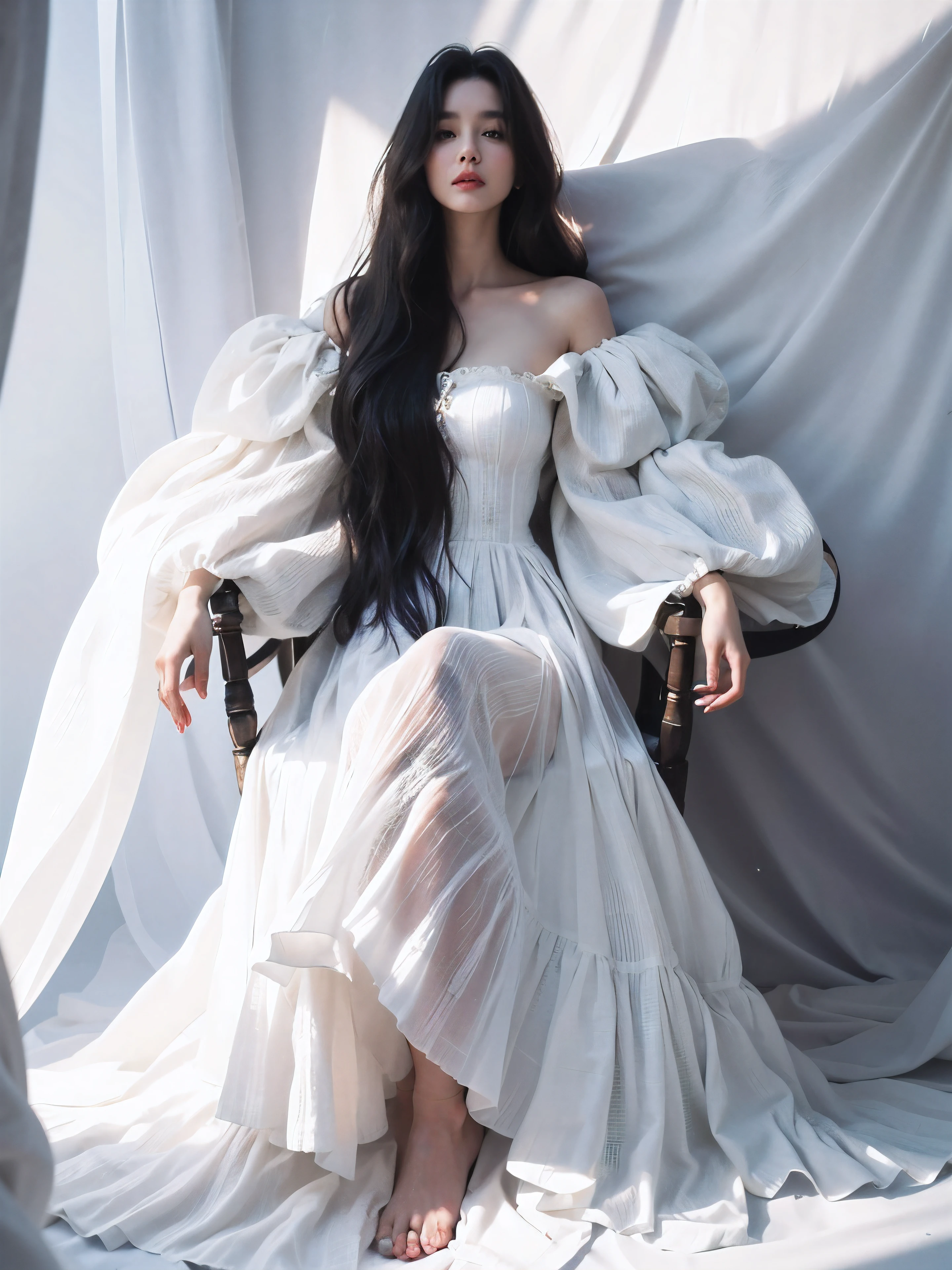 araffe woman in a white dress sitting on a chair, ancient white dress, flowing white dress, wearing a white flowing dress, flowing dress, flowing gown, voluminous sleeves, white gown, expensive voluminous dress, long flowing intricate dress, long white dress, flowing fabric, refined editorial photograph, long gown, a beautiful woman in white, gown