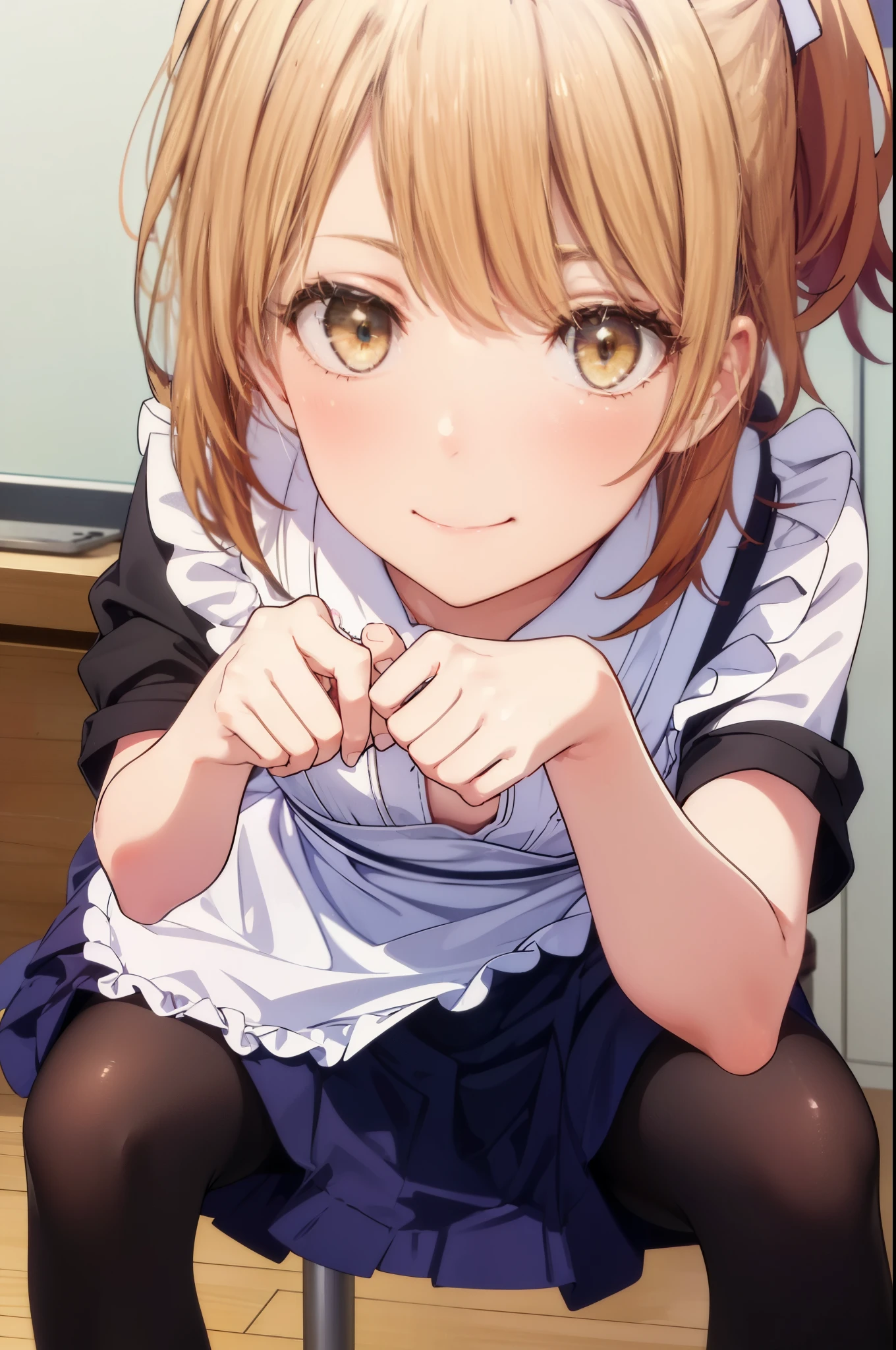 irohaisshiki, iroha isshiki, long hair, brown hair, (brown eyes:1.5), ponytail,blush,smile,Maid clothes,bare chest,Medium chest,she was wearing a maid skirt, black pantyhose on her legs, squint your eyes,Place your index finger on your chin,sit alone'feet on the desk,sexy pose,
break indoors, room,
break looking at viewer,
break (masterpiece:1.2), highest quality, High resolution, unity 8k wallpaper, (shape:0.8), (fine and beautiful eyes:1.6), highly detailed face, perfect lighting, Very detailed CG, (perfect hands, perfect anatomy),