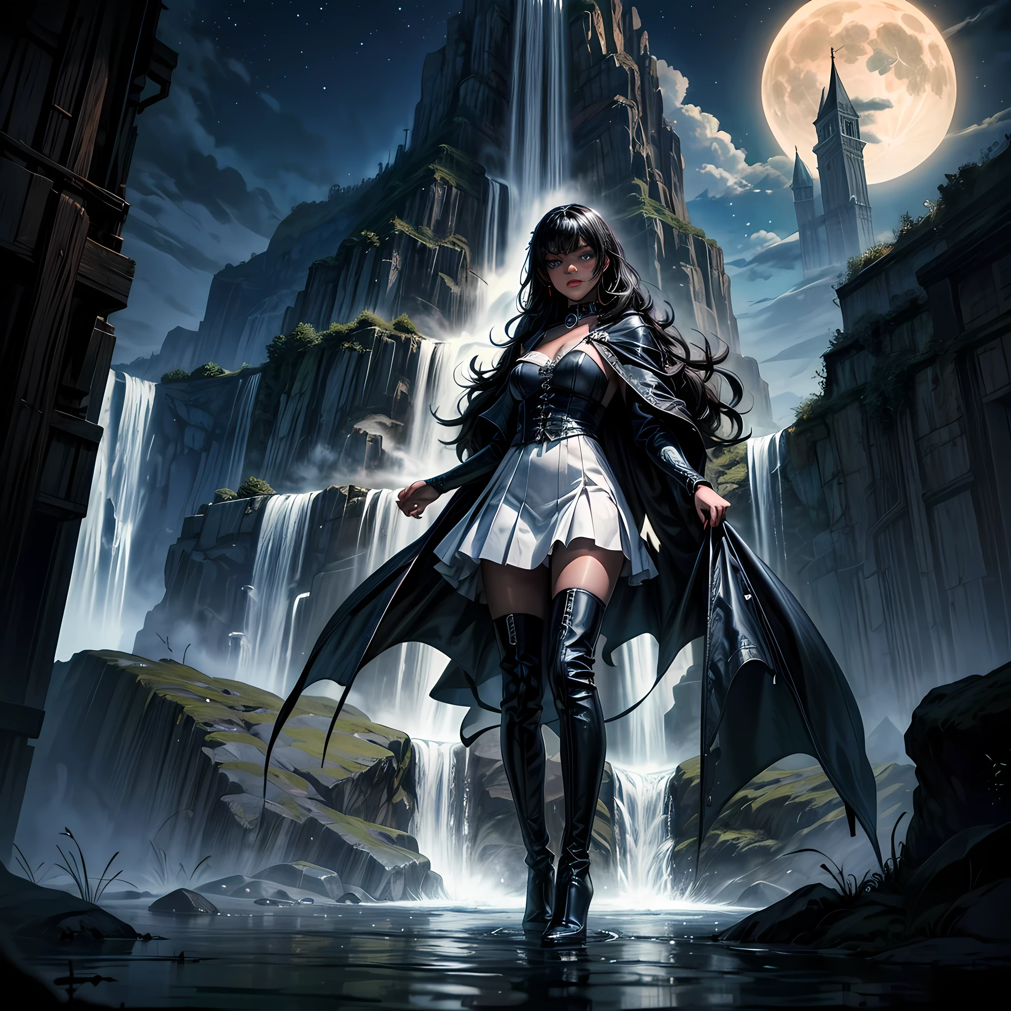 a picture of an exquisite beautiful female vampire standing under the starry night sky at the base of the waterfall, dynamic angle (ultra detailed, Masterpiece, best quality), ultra feminine, (black skin: 1.3), black hair, wavy hair, dynamic eyes color, cold eyes, glowing eyes, intense eyes, dark red lips, [fangs], wearing white dress (ultra detailed, Masterpiece, best quality), wearing blue cloak (ultra detailed, Masterpiece, best quality), long cloak, flowing cloak (ultra detailed, Masterpiece, best quality), wearing high heeled boots,  water coming down from a mountain, multi level water falls, several pools created in different levels, forming new waterfalls, water cascading into a pool steam rising, clear water in many hues of blue and azure falling, ultra best realistic, best details, best quality, 16k, [ultra detailed], masterpiece, best quality, (extremely detailed), ultra wide shot, photorealism, depth of field, hyper realistic painting, sky full of stars background, moon, bats flying about, high details, best quality, 8k, [ultra detailed], masterpiece, best quality, (ultra detailed), full body, ultra wide shot, photorealism, dark fantasy art, dark fantasy art, gothic art, many stars, dark fantasy art, gothic art, sense of dread, wearing collar, hihelz