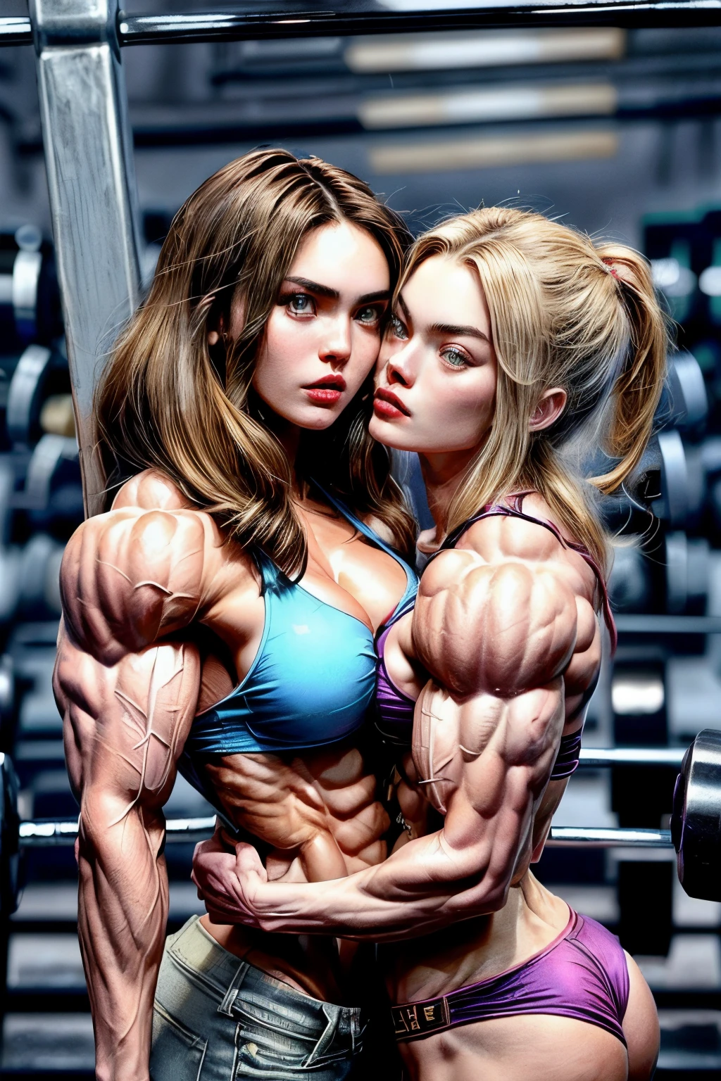 (2 girls body builders:1.6), ((masterpiece)), best quality, ultra-detailed:1.7, finely detail, high resolution:1.6, perfect dynamic composition, beautiful detailed faces:1.77, blonde babes:1.88, perfect red lipstick, perfect makeup:1.8, short denim bikini , large breasts:1.4, lovely look:1.7, gorgeous face:1.6, defined muscles:1.4, beautiful faces:1.8, alessandra ambrossio, izabel goulart, Kate Upton, Gigi Hadid, candice swanpoel ,popped out dense veins on muscles:1.8, hyper detailed picture:1.4, 8k resolution: 1.7, flex muscles:1.3, hyper muscular body shape:1.42, photorealistic:1.5, realistic:1.6, face masterpiece:1.74, good and professional lighting on picture:1.38, Ukrainian-Moroccan muscle beauty goddess, masterpiece 22 years old Megan Fox and Margot Robbie as bodybuilders, extremely high resolution, hyper feminine beauty , hyper realistic texture, hyper muscularity, hyper vascularity, ass of titanium, muscles of steel, ripped body shape, ripped sexy ass with bikini, muscular ass , topless, kissing, good face details, hyper face detailing, doing sex, super romantic moment, hyper romantic, romantic kiss, nude females, perfect symmetrical face, sexy french kiss with tongues, serious muscle posing, serious female bodybuilders