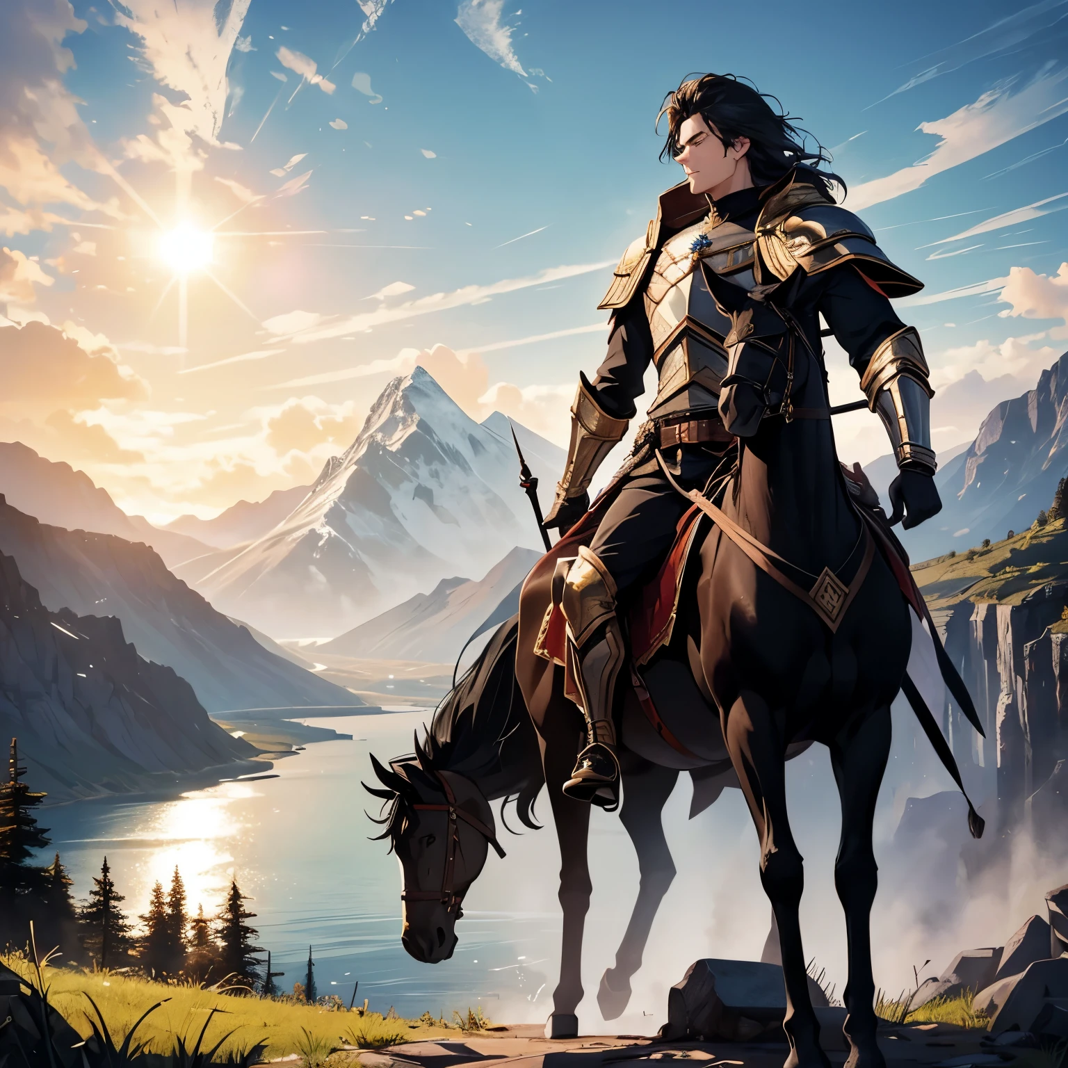 A Russian hero in armor stands on a mountain near the river. A black horse stands nearby. They look at the sun.