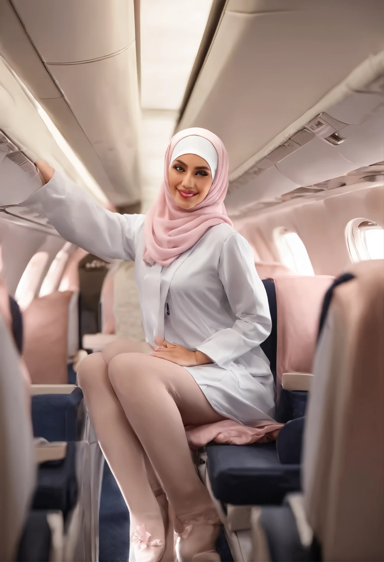 hijab maid school uniform sitting with widely spread legs and lifts up his pink panties with his index finger apart inside the plane, 32k, cinematic, hyper-realistic, watercolorv0.2