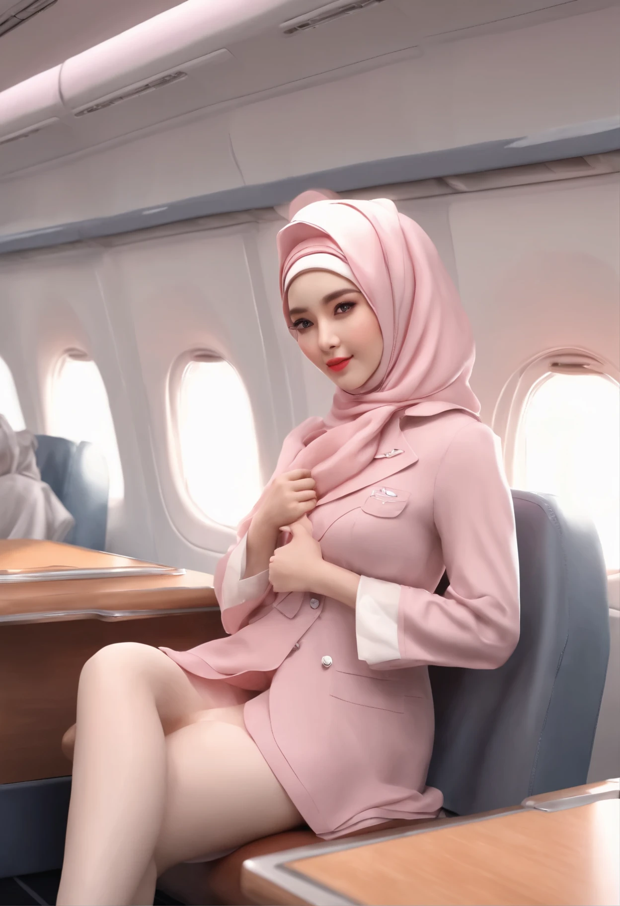 hijab maid school uniform sitting with widely spread legs and lifts up his pink panties with his index finger apart inside the plane, 32k, cinematic, hyper-realistic, watercolorv0.2