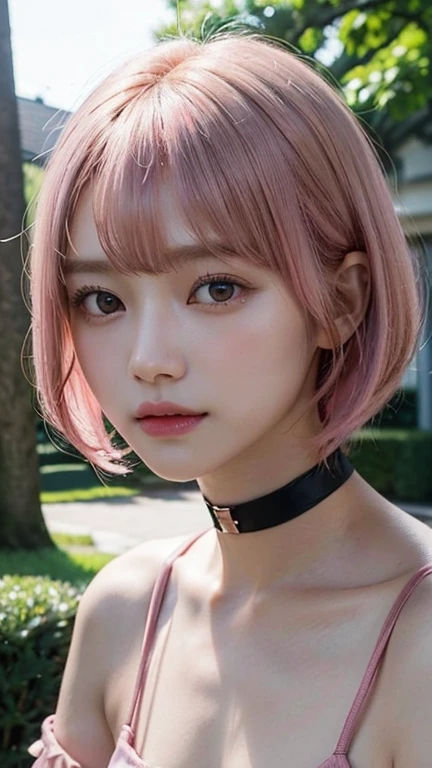 (bob cut hair, pink hair:1.2),(Put on a choker:1.2),1 girl,Japanese,21 years old,(small breasts:1.3),(highest quality,masterpiece:1.3,超A high resolution,),(super detailed,caustics),(Photoreal:1.4,RAW shooting,)ultra-realistic capture,very detailed,High resolution 16K human skin close-up。 natural skin texture、,The pores are、、Must be detailed enough to be easily identified。 Skin should look even-toned and healthy。 Use natural light and color, sad expression, look at the camera, perfect dynamic composition, outdoors