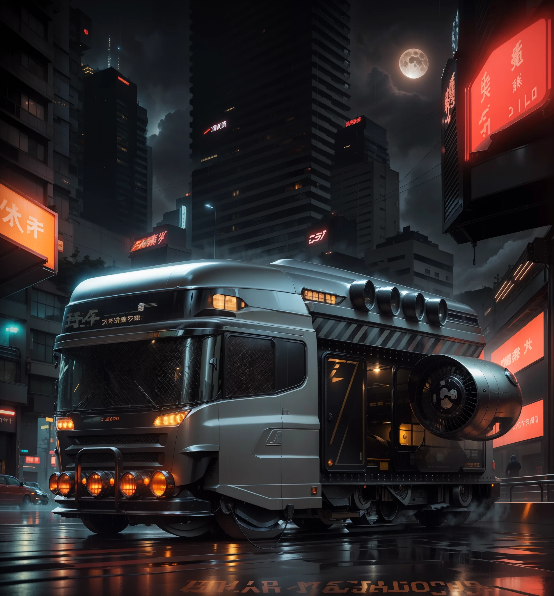 An imposing black and shiny Hover Bus with its headlights on and on, flying on the street where retrofuturistic Japanese buildings predominate, brightly lit and with reflections all over the wet street on a rainy and foggy night and further back a moon emerging through the clouds and mist