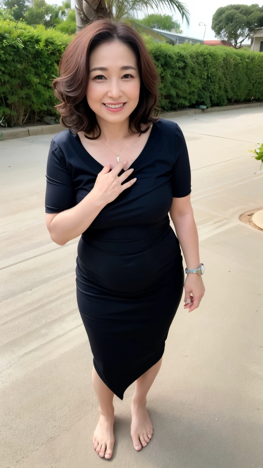 ((highest quality、8k、masterpiece:1.3))、sharp focus, High level image quality, High resolution, portrait, alone, Japanese, middle-aged women, beautiful woman, 50 years old, wavy hair, big t-shirt, beach, dark makeup, wrinkles around the eyes, bewitching look, Wet, barefoot、belly button、mouth is open、laughter、sandy beach、small breasts、Have fun、bob hair、necklace、wedding ring、leaning forward、close the chest、Datchno&#39;s pose