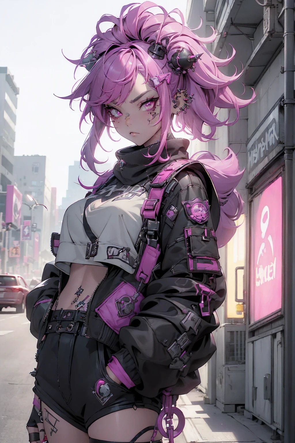 (highest quality、8k、32K、masterpiece、nffsw:1.3)、(Photoreal:1.4),(shoot from the front,looking at the viewer,1.5)、18-year-old punk girl,quirky punk hair,(multiple facial piercings、Tattoo 1.5)、((black and shocking red punk fashion 1.5)),clothes with studs、(pink hair.5),Wacky makeup、night city background,Glare of street lamps、Lens flare、written boundary depth,blurred background,,,,,,,,,,,,