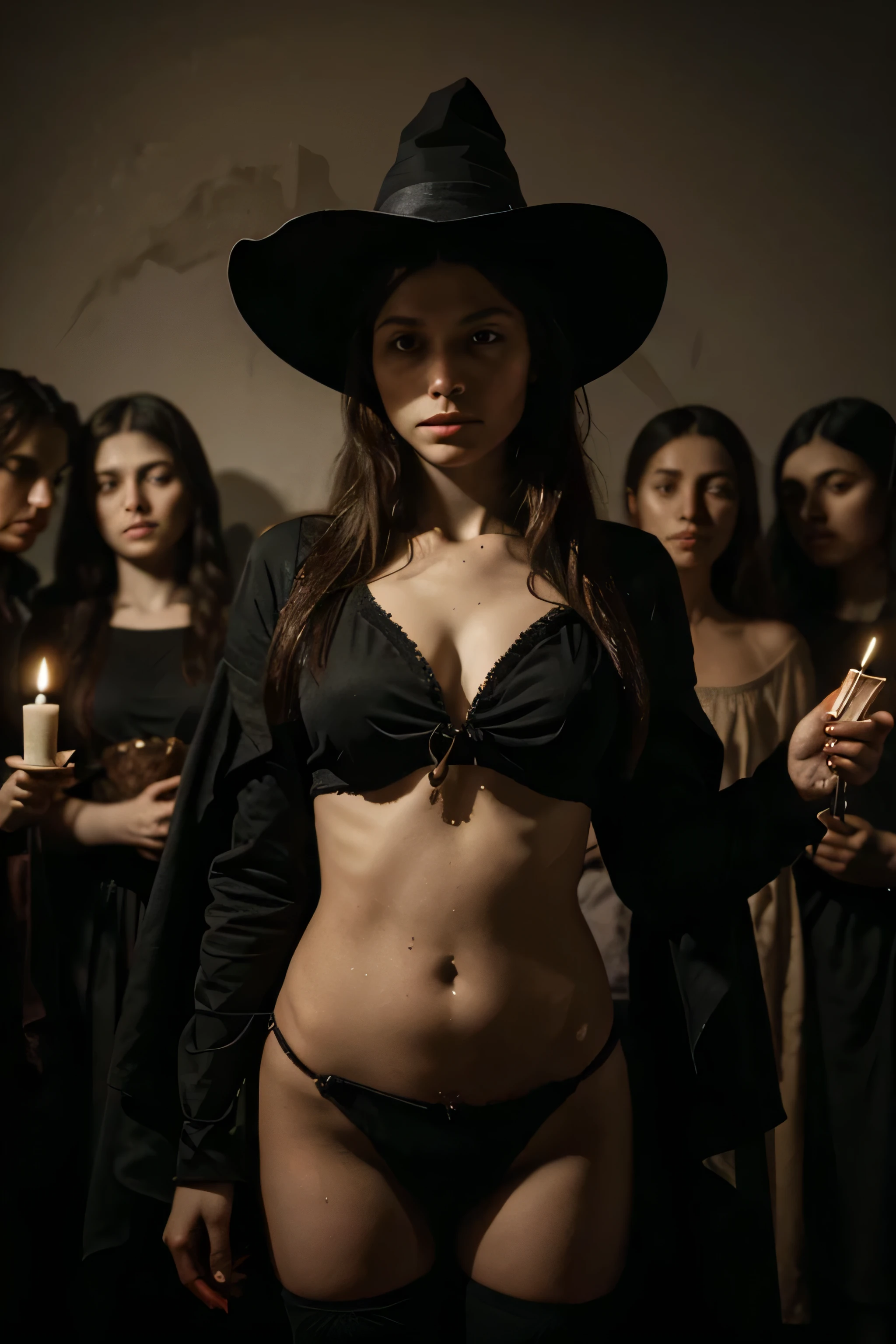 una joven bruja con demonios a su alrededor. oil on canvas caravaggio style