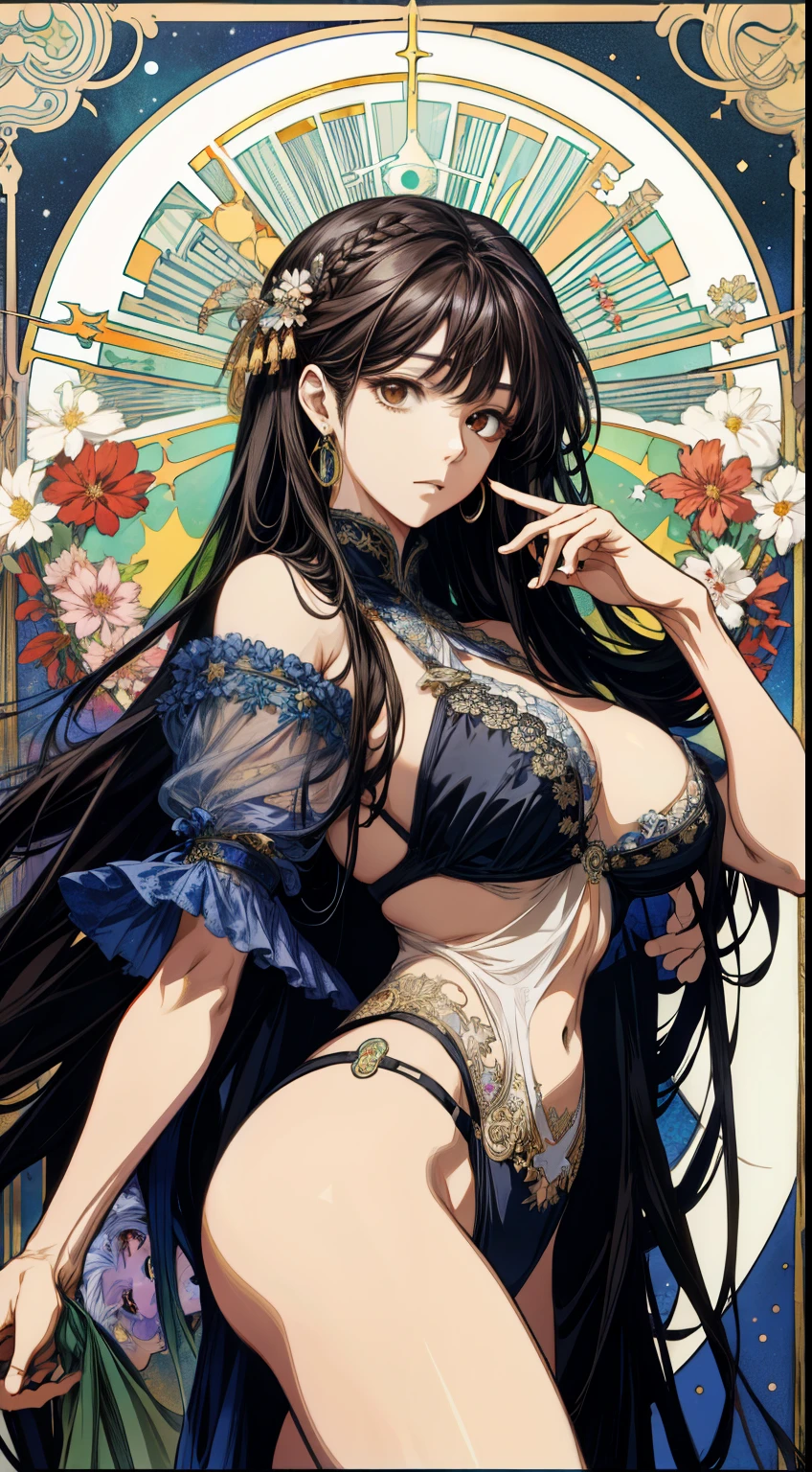 (absurd、high resolution、Super detailed)、solo、woman、wearing dark bikini、Coiled hair on the head、Abrasion exposure、Whole BodyEsbian、bold gesture、plump big breasts、long black hair、brown eyes、holiday decorations、victorian style、一个成熟的woman、a delicate face、hut\tarot cards\、Star、suns、a moon、Symbolism、visual art、occultism、Visual projection、Pop music、art by、Alphonse Mucha、