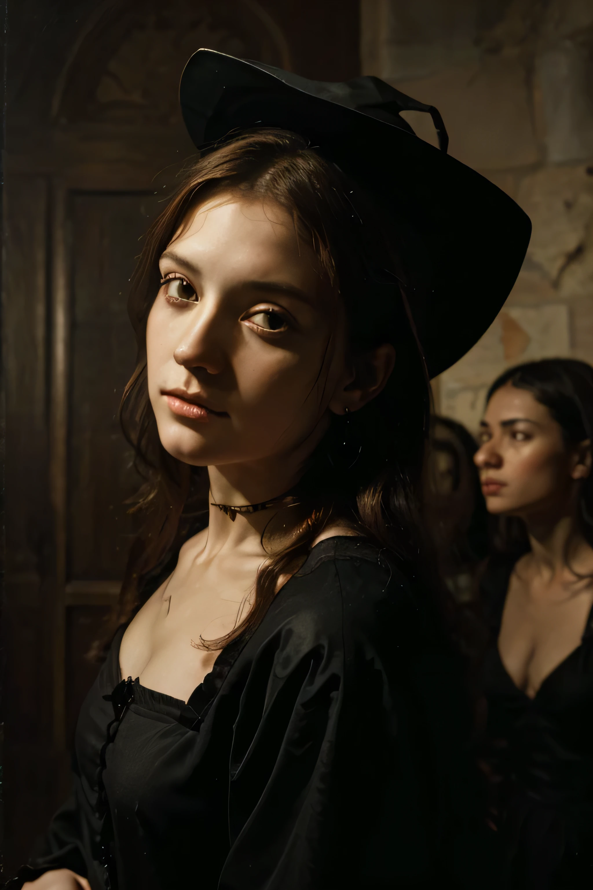 una joven bruja con demonios a su alrededor. oil on canvas caravaggio style