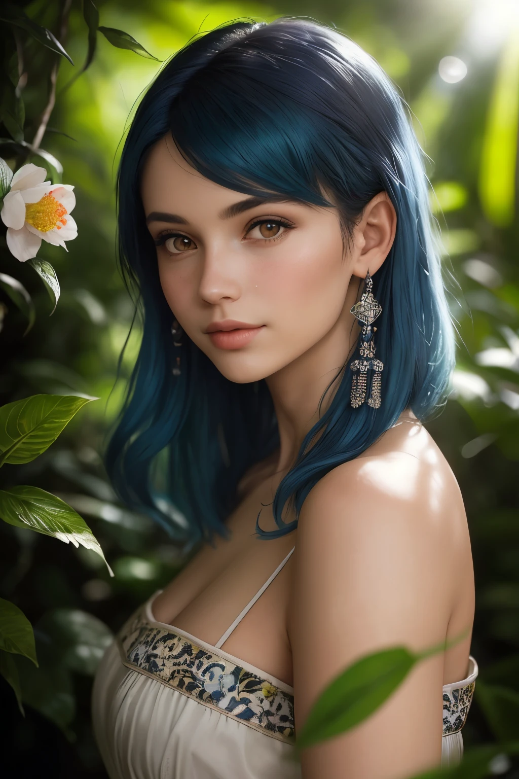 fashion photography portrait of Inden girl with blue hair, dans une jungle luxuriante avec des fleurs, rendu 3D, Computer graphics, Symmetrical, rendu d'octane, 35mm, Bokeh, (intricate details:1.12), HDR, (intricate details, hyperdetailed:1.15), (Texture de peau naturelle, hyperréalisme, Soft light, Pointu:1.2), detailed, sunlight shines through the foliage, Inde