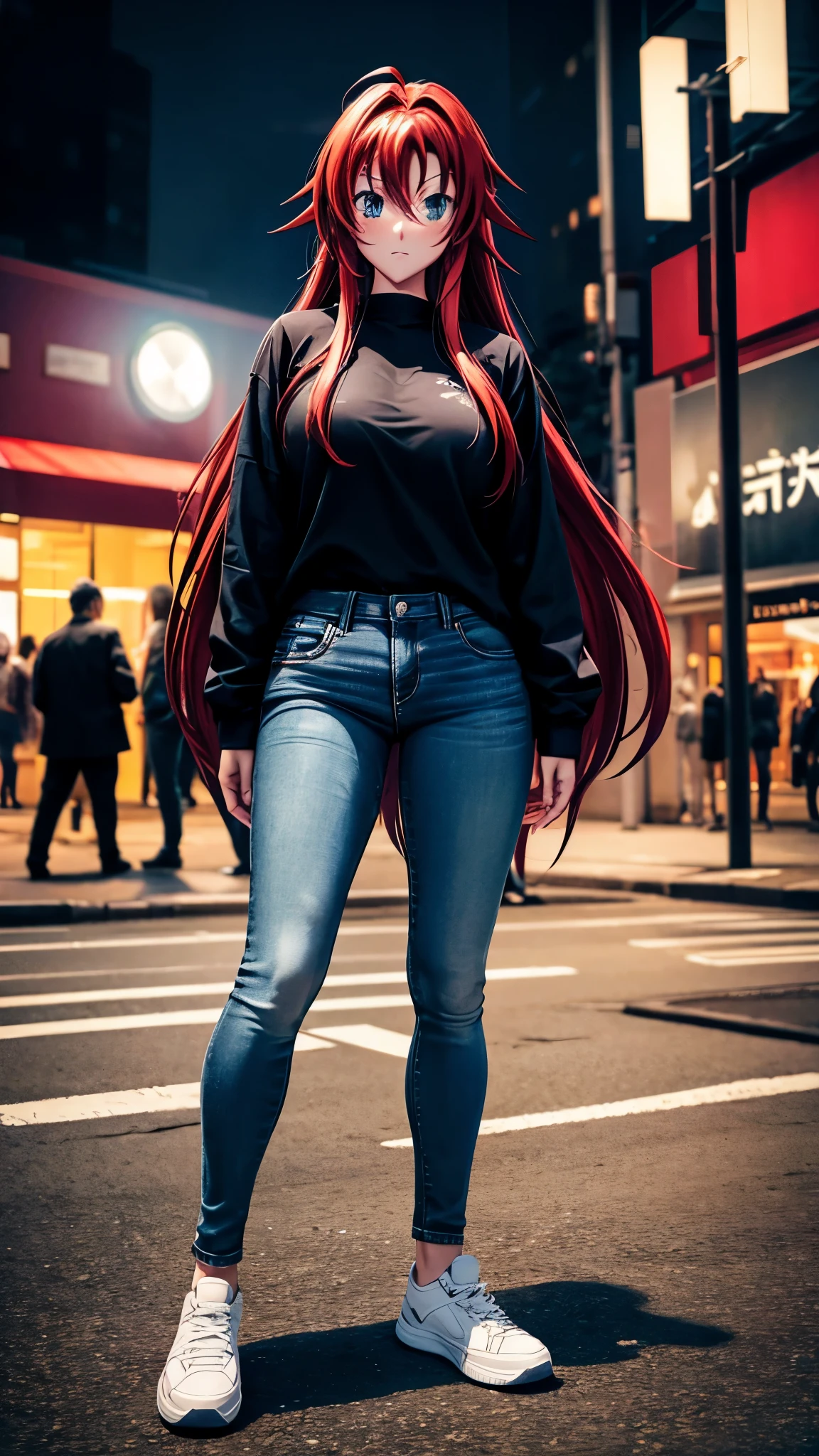 Rias gremory, Ahoge, Oversized black sweatshirt, jeans, White sneakers, full body, Posing in the photo, Detailed, Beautiful eyes, High quality, Masterpiece , Tokyo on the street at night background