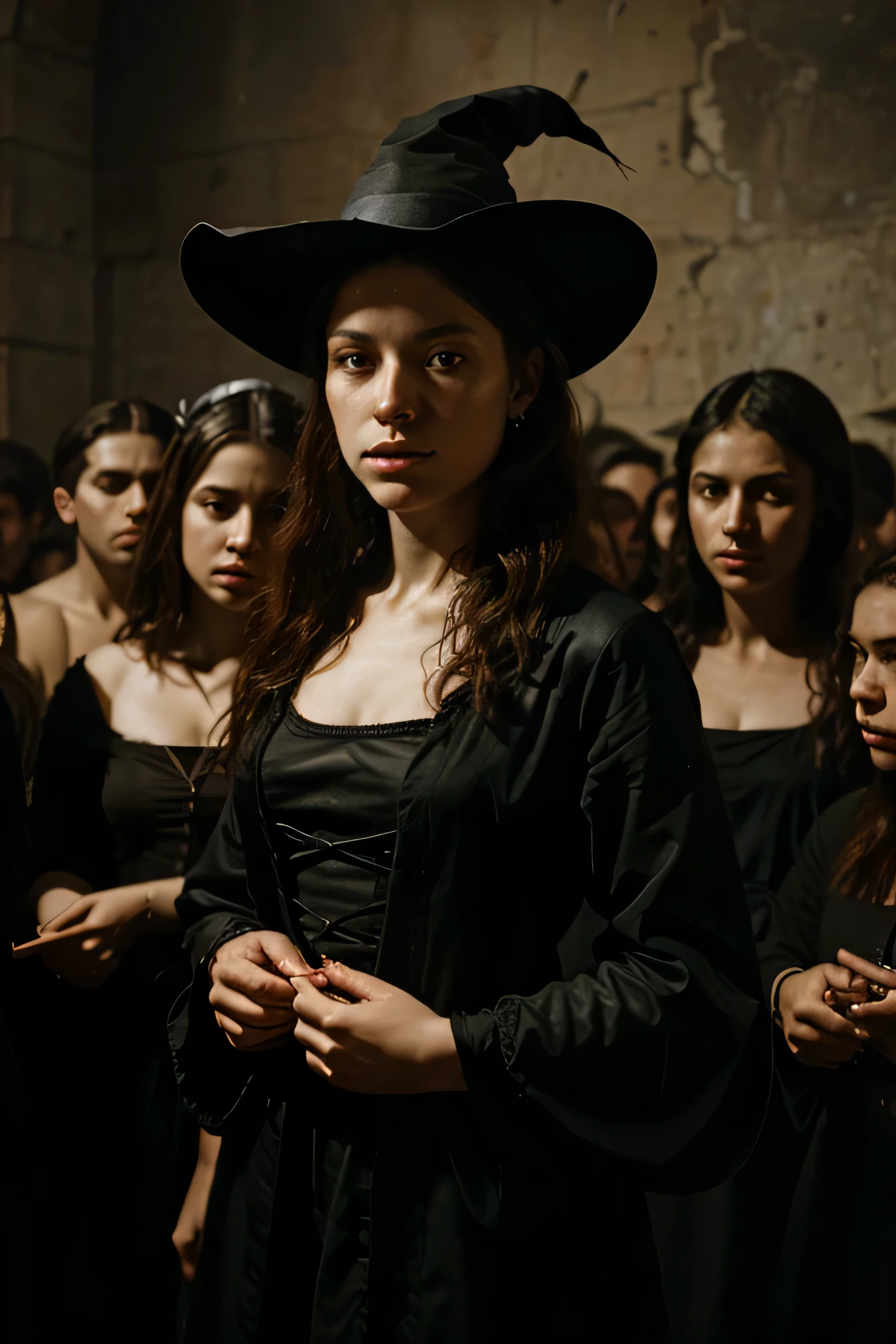 a young witch with demons arround her. oil on canvas caravaggio style