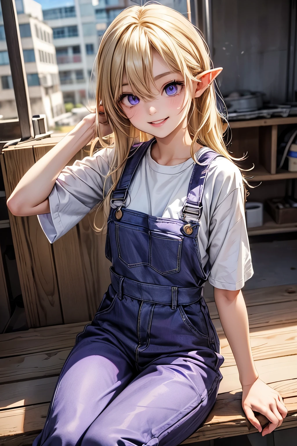 ((Masterpiece)), (Anime:1.3), ((best quality)), (RAW photo:1.2), (High Definition:1.3), (Professional Photography:1.2), (12 years old), (1girl), cute young girl, (Sitting Cute posing:1.4), BREAK, (Happy smile:1.3), (Beautiful purple daiamond eyes:1.5), (dark skin), elf girl, wearing Gray Workwear Coveralls, flat chest, slender waist, BREAK, (hair over eyes:1.2), Silky unruly hair, medium hair, ((blond hair)), wearing Gray Workwear Coveralls, (on the construction site),