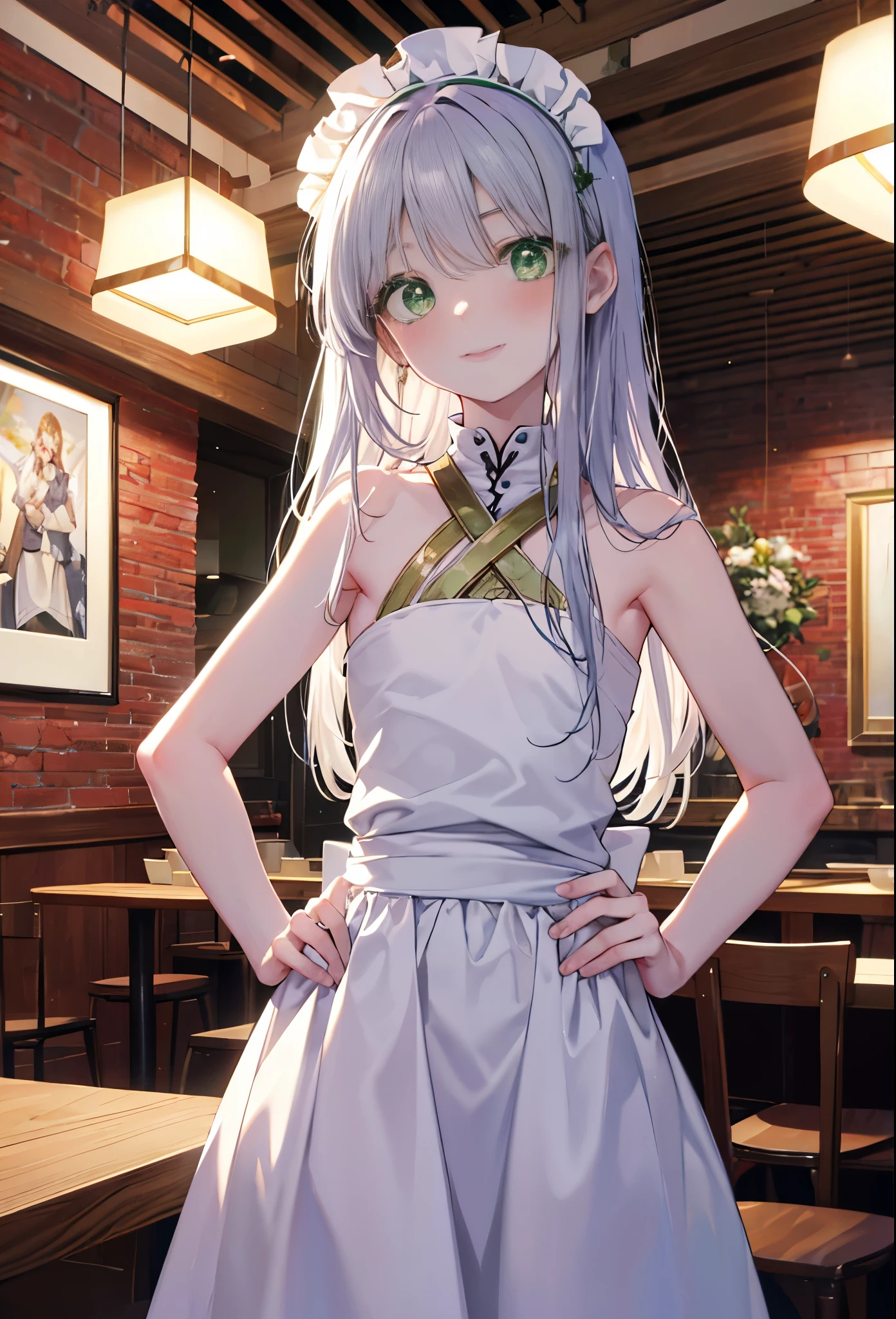 index, index, (green eyes:1.5), silver hair, long hair, (flat chest:1.2),smile,blush,bossy,she was wearing a maid long skirt, white stockings on her legs,put both hands on hips,Standing in honor,bare shoulders,looking up from below,There&#39;s a lot of food on the table, 　break looking at viewer, Upper body, whole body, break indoors, restaurant,viking, break (masterpiece:1.2), highest quality, High resolution, unity 8k wallpaper, (figure:0.8), (detailed and beautiful eyes:1.6), highly detailed face, perfect lighting, Very detailed CG, (perfect hands, perfect anatomy),