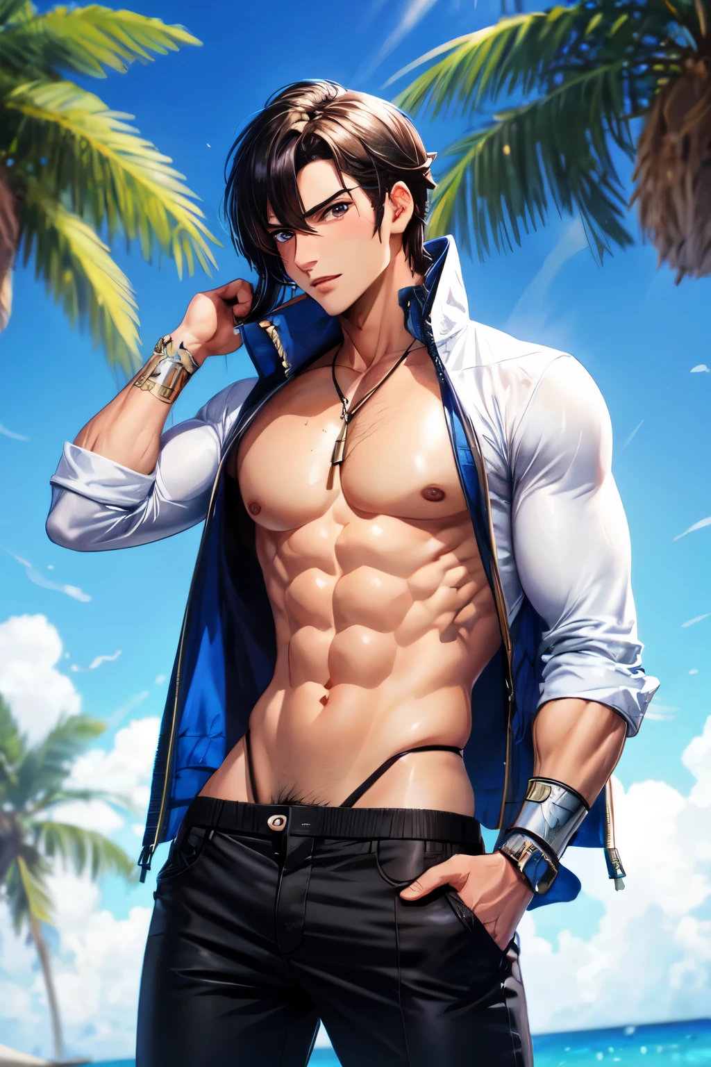 Chico guapo anime,sin camisa,masculino,cabello negro,ojos azules,cyborg man,caliente