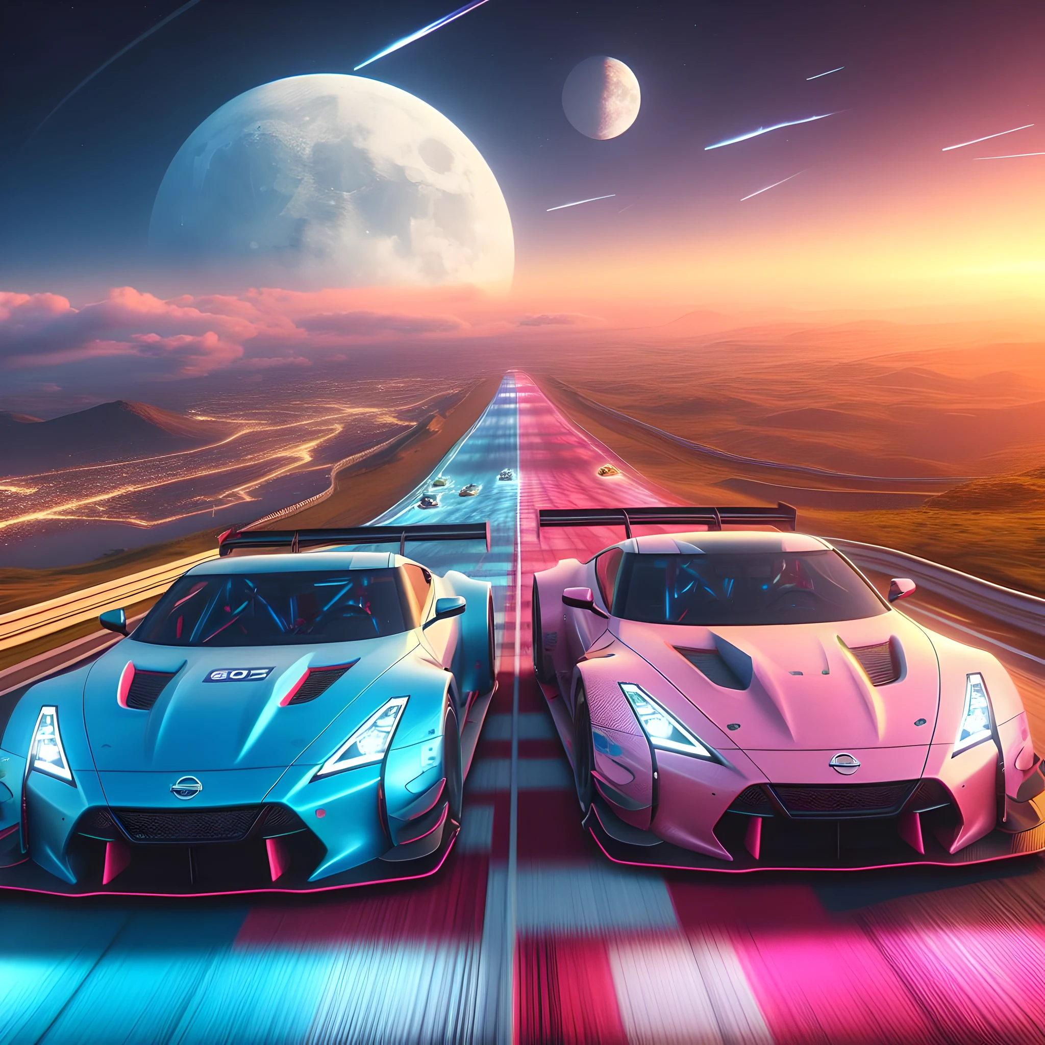 2 supercars Nissan 640Z blue and pink electric color 3 tones, running fast in very big transparent track in subwater tunnel circuit around milkyway, beautiful space planets multitones each side of the car , size 1600*1200 full hd