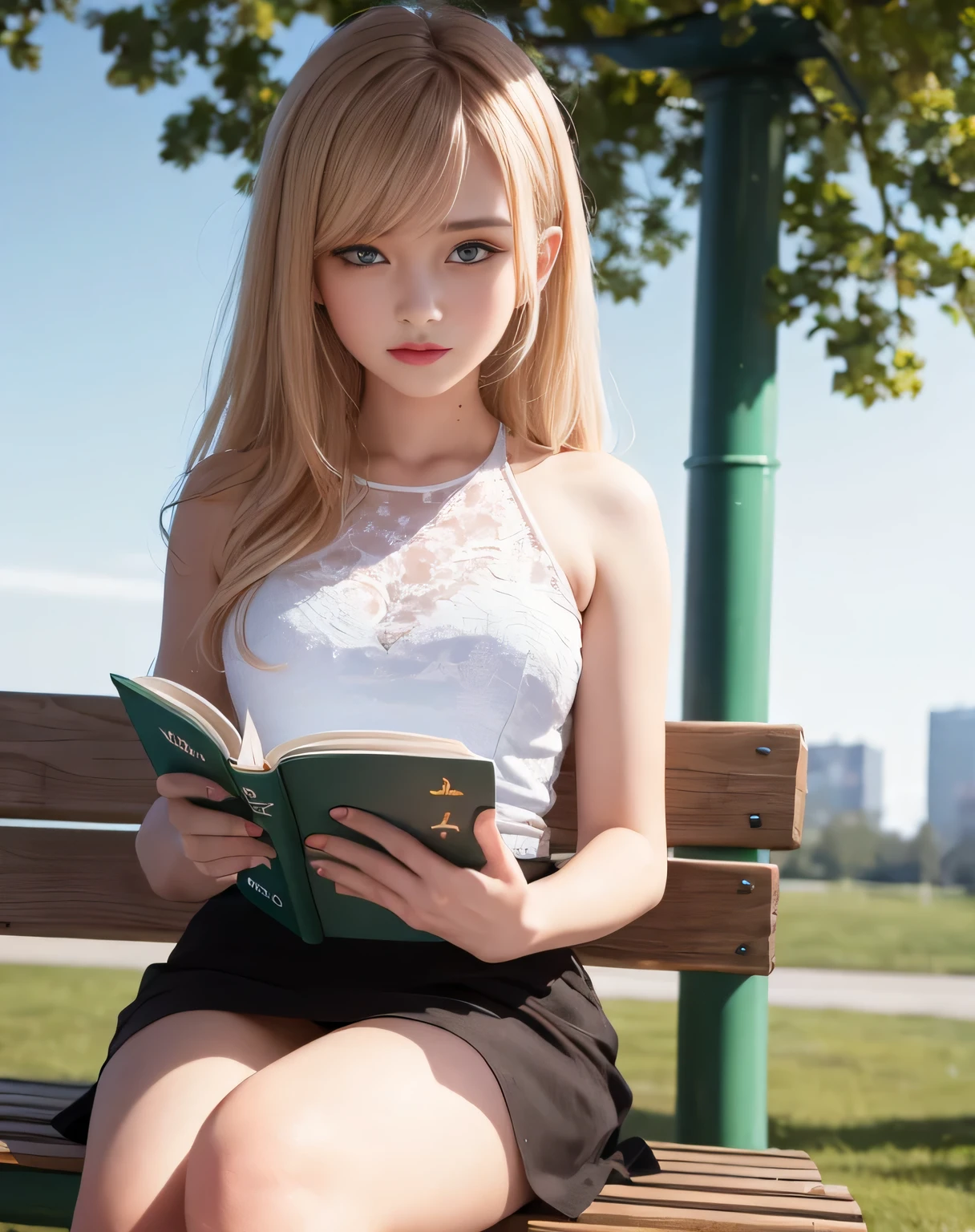 masterpiece, Best quality, ultra - detailed ,8K, detailed light, detailed shadow, raw, (delicate skin),1 russian girl, beautiful eyes, delicate face, Blonde hair, Green-eyed, sitting on a metal park bench with a lamp post next to it, girl is reading a book, evening, dynamic dusk sky colors
