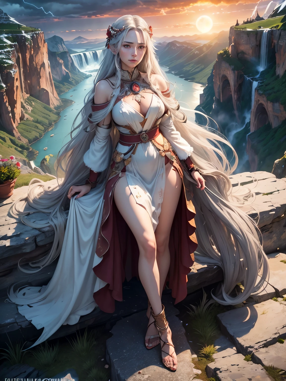 Trending on Artstation, Rachel Walker, BEAUTIFUL WOMAN on the mountain, sunset sky, red sunset clouds, sunset, long hair in the wind, eagle feathers, eagle queen, goddess dressed in eagle feathers, fantasy, overexposure, perfect eyes, metallic colors, surreal art , full body, bare feet, view of mountainous horizon, lake in the distance, lady in the center of the scene, ((huge full moon in front of the sun)), ((transparent clothing)), ((dark storm clouds with lightning)), falls lightning, light drizzle, fog in the distance, goddess on top of the mountain, girl standing, toenails painted red, ((flowers on top of the mountain)), (((rock bridge between mountains))), ((ancient castle embedded in the mountain)), lantern and lamp, ((exaggeratedly long hair)), ((hair moved by strong wind)), ((native clothing)) , ((silver hair)), ((face of Caucasian European woman)), (((waterfall going down the mountain))