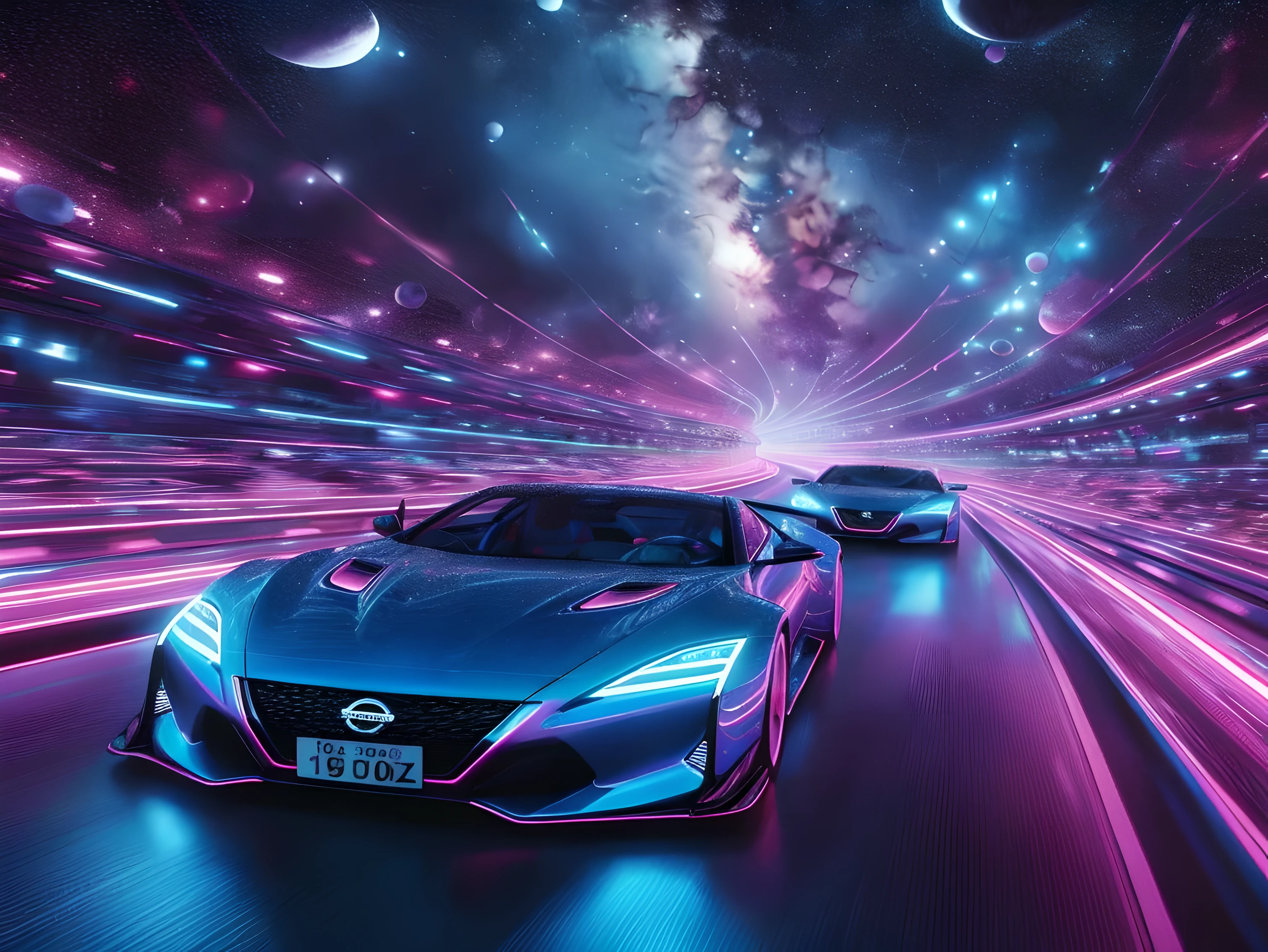 2 supercars Nissan 640Z blue and pink electric color 3 tones, running fast in very big transparent track in subwater tunnel circuit around milkyway, beautiful space planets multitones each side of the car , size 1600*1200 full hd