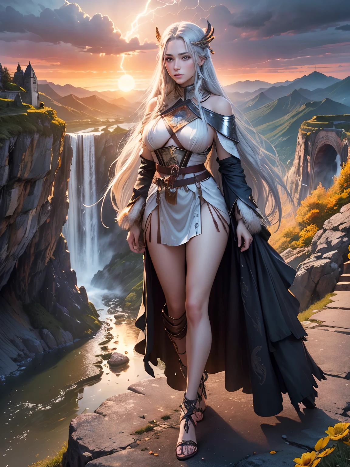 BEAUTIFUL WOMAN on the mountain, sunset sky, red sunset clouds, sunset, long hair in the wind, eagle feathers, eagle queen, goddess dressed in eagle feathers, fantasy, overexposure, perfect eyes, metallic colors, surreal art, body full, bare feet, view of mountainous horizon, lake in the distance, lady in the center of the scene, huge full moon in front of the sun, ((transparent clothing)), ((dark storm clouds with lightning)), a falls lightning, drizzling light, fog in the distance, goddess on top of the mountain, ((goddess with exaggeratedly long and white hair)), ((girl sitting squatting)), ((girl on mountain looking at the empty valley)) , ((castle embedded in mountain rock)), ((lamp and lantern)), (night light)), ((face of Caucasian European girl)). ((Viking queen face)),