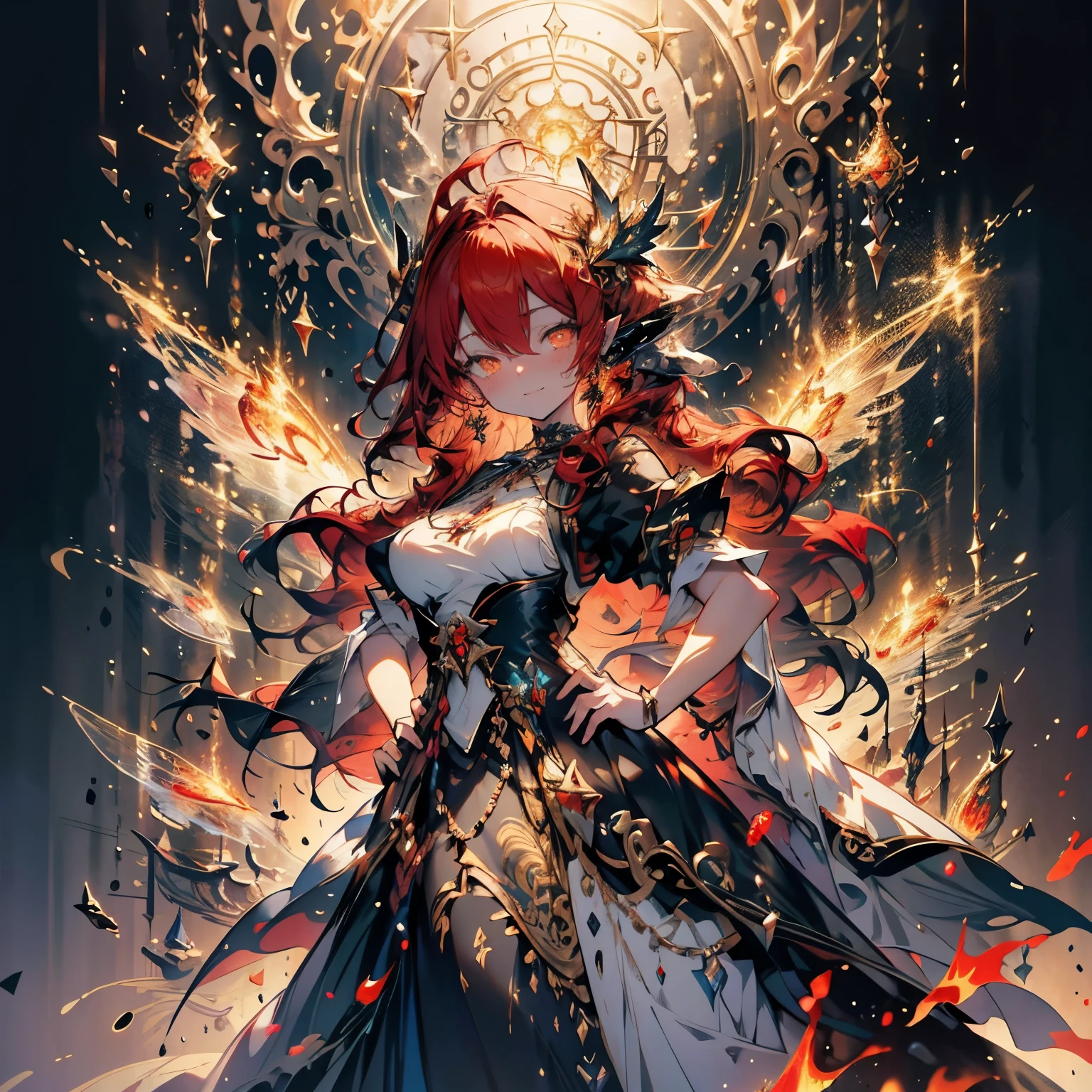 insanely detailed, beautiful, exquisite, masterpiece, absurdres, 16K, woman, fairy,dress base on fire, dress with motif of fire, giant fairy wings,excited, grinning, floating, hands on hips, looking at viewer, ahoge, bob, covering one eye, wavy hair, red hair, golden eyes, big eyes, tanned skin, slim, piercing, earrings, choker, black background, with a big explosion in the background, fantasy, romantic academia, hard-edged, from above, from front, dramatic lighting, cinematic lighting, volumetric lighting, dynamic lighting