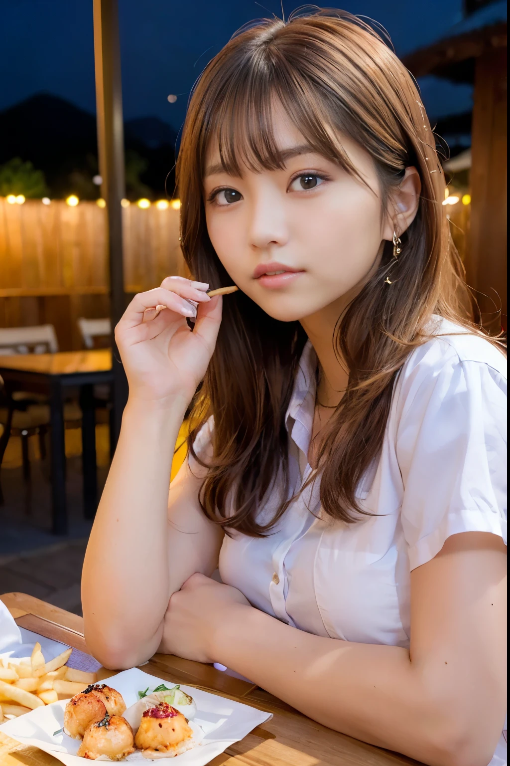 first person perspective, (masterpiece:1.3), High resolution, super detailed, Highly detailed CG Unity 8k wallpaper, realistic, photo-realistic, RAW photo, beautiful and detailed face, white skin, realistic glistening skin, fine cloth texture, detailed hair texture, perfect body, beautiful face, Accurate, anatomically correct, Highly detailed face and skin texture, natural neck length, (beautiful hands), (Fair skin:1.2), thin legs, thin legs, neatly aligned teeth,
break,
fine eyes, symmetrical eyes, light brown eyes, double eyelid, thin eyebrows, (glossy lips:1.4), (sleepy face:1.2), (blush:1.3),
break,
(classy and cute girl:1.3), (wearing classy clothes (Light purple) button shirt:1.2), ((navy) long skirt with irregular hem:1.2), close button, (long skirt),
sagging breasts, (slender body shape:1.1), strong abdominal muscles, beautiful clavicle,
(dark blonde hair, wavy hair, long hair:1.2), ((asymmetrical bangs:1.2)),
break,
(on the table, (There is yakitori, french fries, salad, and「Takoyaki」 ):1.2), (sit in the chair opposite), ((put your elbows on the table、gently lift your chin:1.3)),
(in the outdoor 'Biergarten' of Japan at night)), (night), (night), (night), (upper body shot:1.2), looking at the viewer, From before,