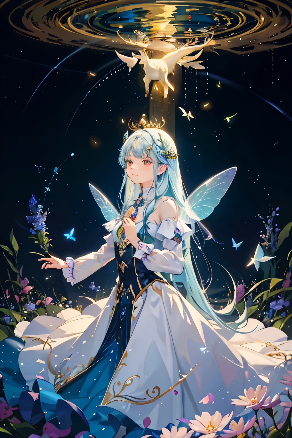 Masterpiece, a whimsical and beautiful magical garden, teeming with small fairies, Their wings shimmering with iridescent hues, quivering with delight, Delicate petals blooming beneath, a symphony of colors,
A grand entrance graced by a white, beautiful, big deer with twelve thorns adorning its antlers, Majestically posed with regality, Eyes gleaming with wisdom, a guardian of this enchanted land,
Flitting about are small, vibrant butterflies, their soft wings brushing against tiny fairy petals, A myriad of fireflies lighting up the night, twinkling like stars as