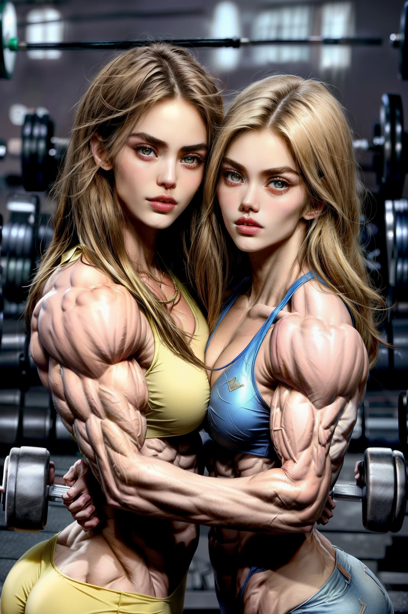 (2 girls body builders:1.6), ((masterpiece)), best quality, ultra-detailed:1.7, finely detail, high resolution:1.6, perfect dynamic composition, beautiful detailed faces:1.77, blonde babes:1.88, perfect red lipstick, perfect makeup:1.8, short denim bikini , large breasts:1.4, lovely look:1.7, gorgeous face:1.6, defined muscles:1.4, beautiful faces:1.8, alessandra ambrossio, izabel goulart, Kate Upton, Gigi Hadid, candice swanpoel ,popped out dense veins on muscles:1.8, hyper detailed picture:1.4, 8k resolution: 1.7, flex muscles:1.3, hyper muscular body shape:1.42, photorealistic:1.5, realistic:1.6, face masterpiece:1.74, good and professional lighting on picture:1.38, Italian-French muscle beauty goddess, masterpiece 22 years old Yael Shelbia and Madison Beer as bodybuilders, extremely high resolution, hyper feminine beauty , hyper realistic texture, hyper muscularity, hyper vascularity, ass of titanium, muscles of steel, ripped body shape, ripped sexy ass with bikini, muscular ass , topless, kissing, good face details, hyper face detailing, doing sex, super romantic moment, hyper romantic, romantic kiss, nude females, perfect symmetrical face, sexy french kiss with tongues, serious muscle posing, serious female bodybuilders