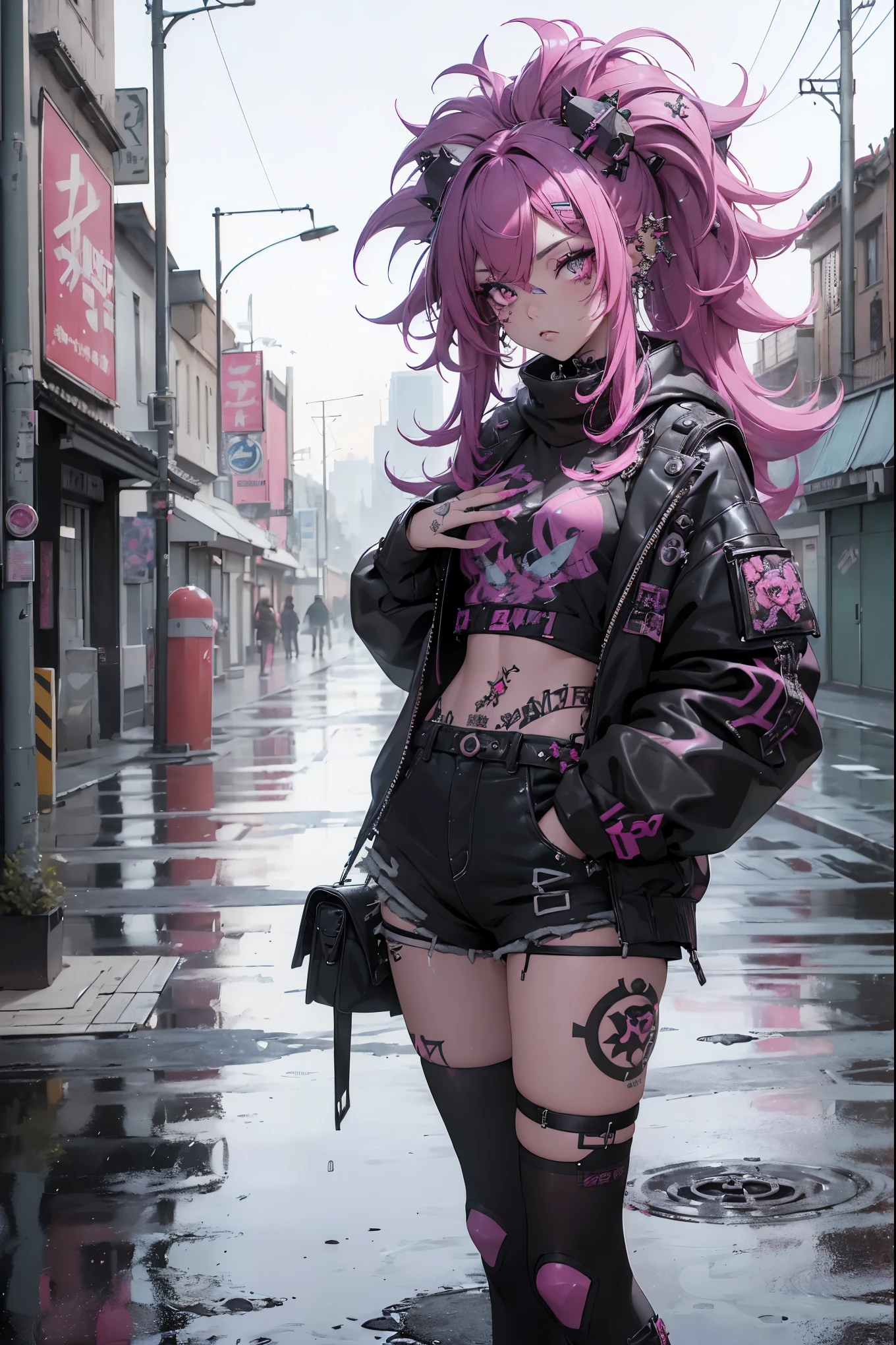 (highest quality、8k、32K、masterpiece、nffsw:1.3)、(Photoreal:1.4),(shoot from front,looking at viewer1.5)、18-year-old punk girl,eccentric punk hair,(multiple piercings on face、Tattoo 1.5)、((Black and shocking red punk fashion 1.5)),clothes with studs、(pink hair one.5),Wacky makeup、、dark background、Desolate city in the rain、puddle on the road、(cinematic lighting)、Depth of the bounds written,blurred background、