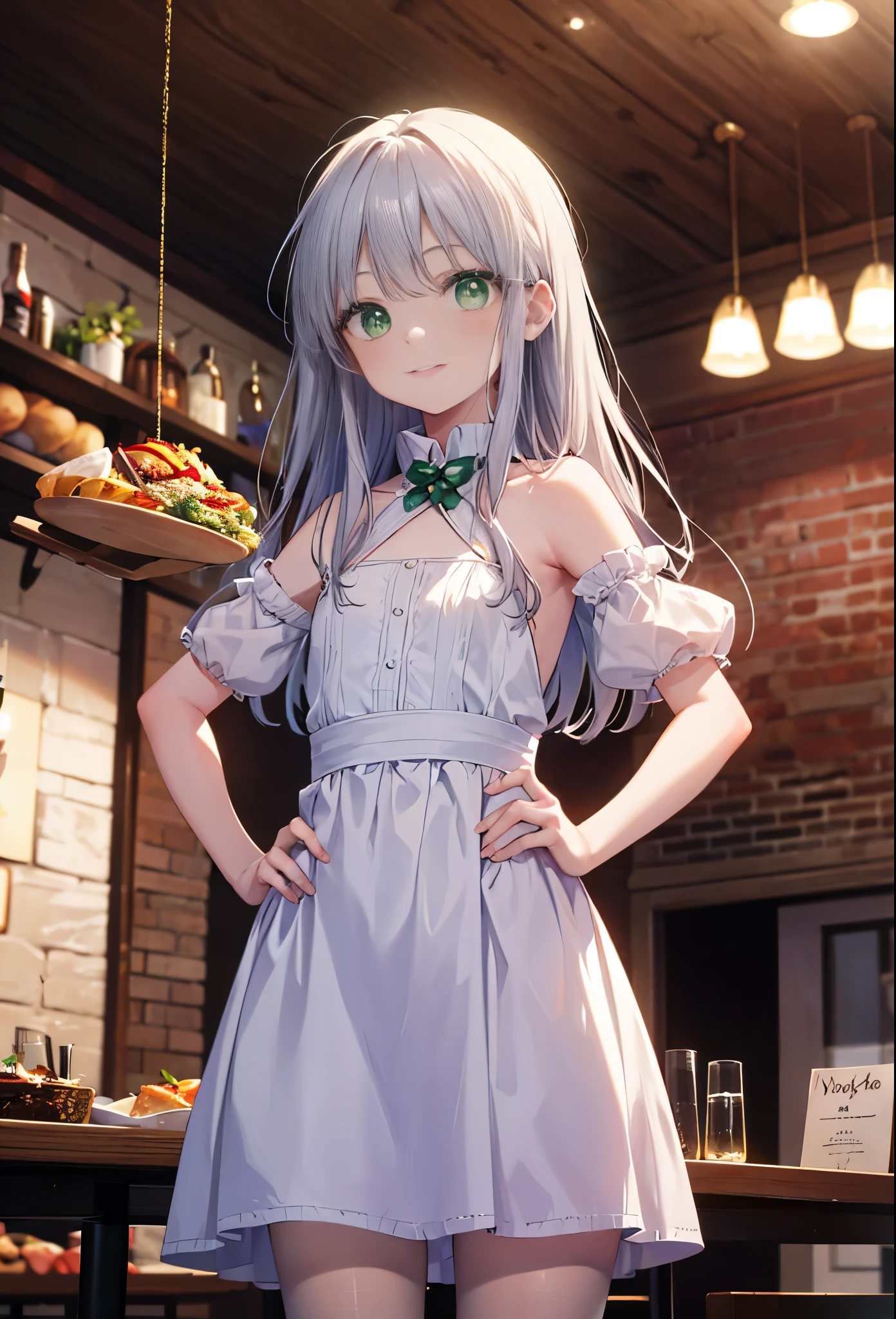 index, index, (green eyes:1.5), silver hair, long hair, (flat chest:1.2),smile,blush,bossy,she was wearing a maid long skirt, white stockings on her legs,put both hands on hips,Standing in honor,bare shoulders,looking up from below,There&#39;s a lot of food on the table, 　break looking at viewer, Upper body, whole body, break indoors, restaurant,viking, break (masterpiece:1.2), highest quality, High resolution, unity 8k wallpaper, (figure:0.8), (detailed and beautiful eyes:1.6), highly detailed face, perfect lighting, Very detailed CG, (perfect hands, perfect ???????),