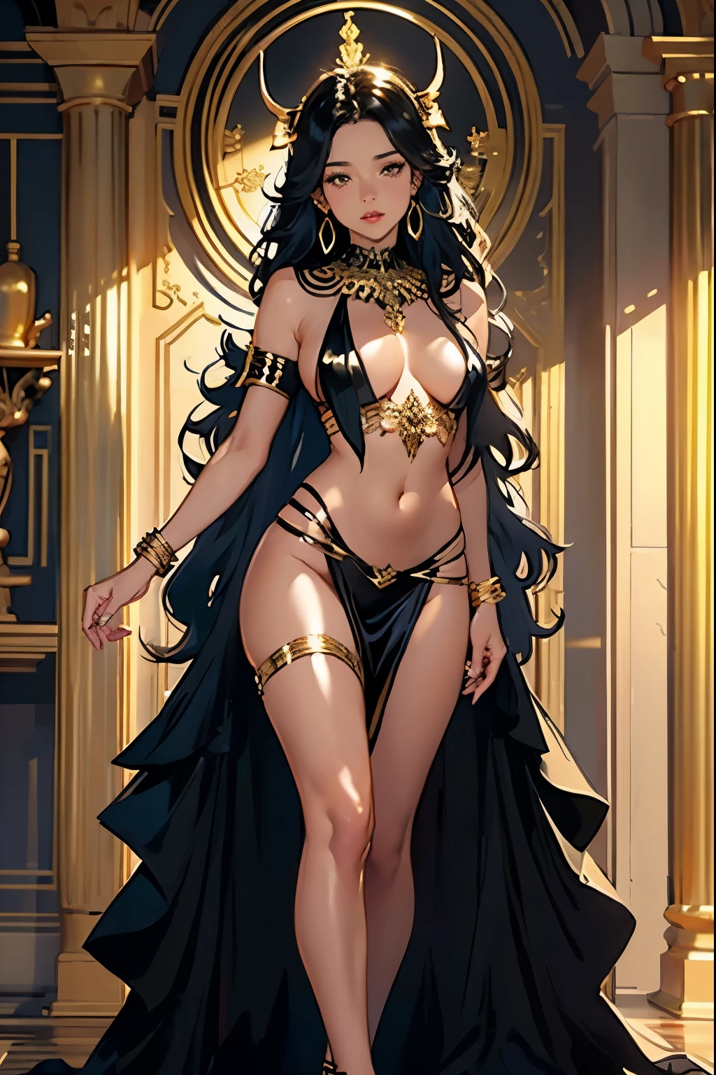 best quality, nsfw, extremely beautiful, beautiful face, long wavy dark hair, (Woman Dark : 1.1), (Brown skin : 1.1), (Shiny skin : 1.5), , long sexy black gold dress neckline navel, black and gold breast curtaing black and gold open_front_skirt, arousal pose, (extremely long necklace that goes down to the navel), in a obsidian and gold temple