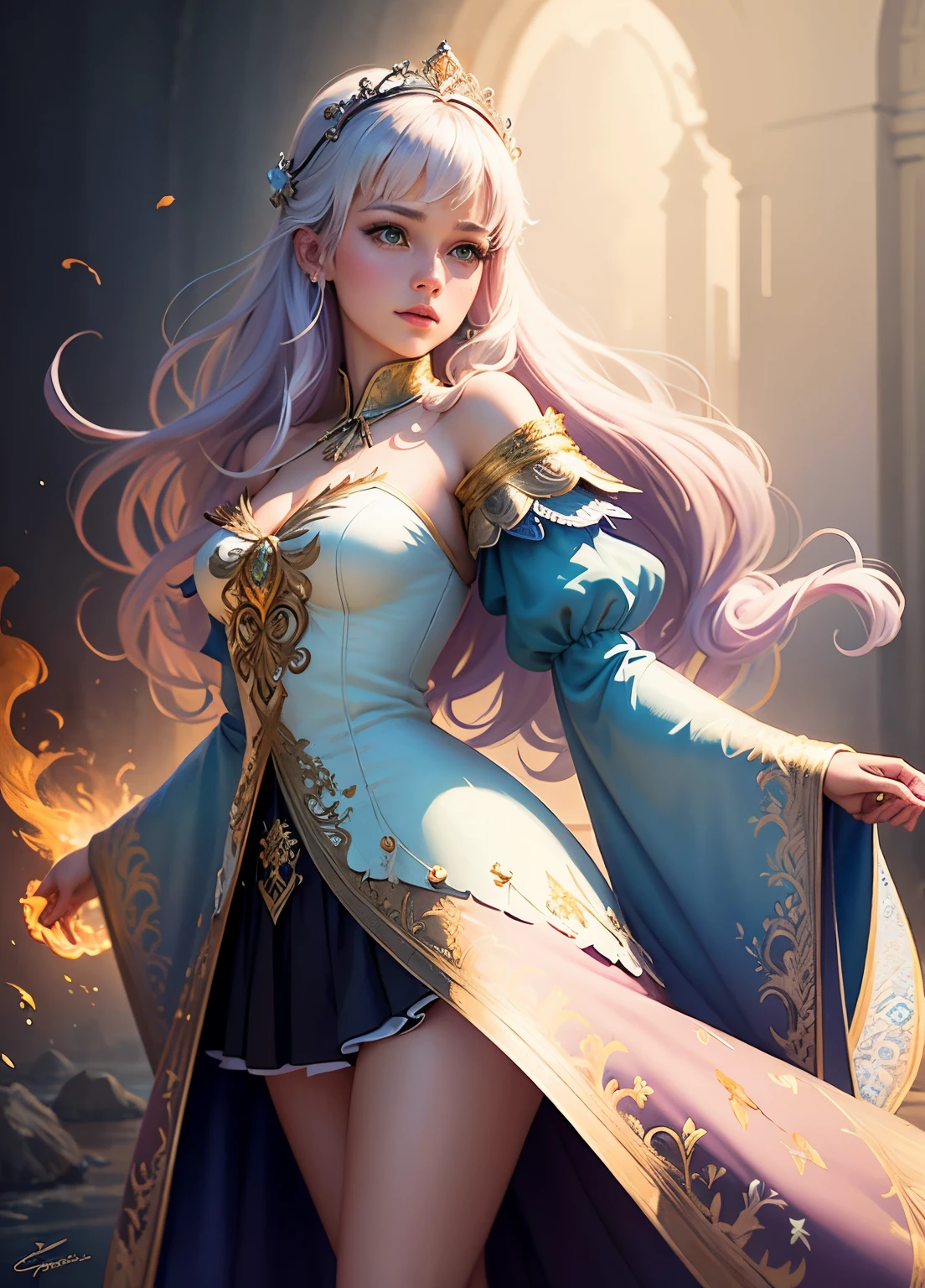 a photography, HD,, photo, woman, beautiful dress ornate, in the style of stefan kostic, realistic, half body shot, sharp focus, 8 k high definition, insanely detailed, intricate, elegant, art by stanley lau and artgerm, extreme blur flames background, Princess girl with wing, Blue, Pastel, glitter, dramatic, dreamy, pastel, Watercolor, Whimsical, Delicate, seashell crown, Trending on Artstation, Highly detailed, Intricate, Portrait, digital painting, Fantasy theme, Fantasy robes, Fantasy concept art, Fantasy character art, Smug, Teenage girl, perfect body, full body, dreamy, pastel, Watercolor, Whimsical, Delicate, seashell crown masterpiece, 8k, perfect lighting, , adult, female, cowboy shot, looking at viewer, cinematic lighting, Fawn