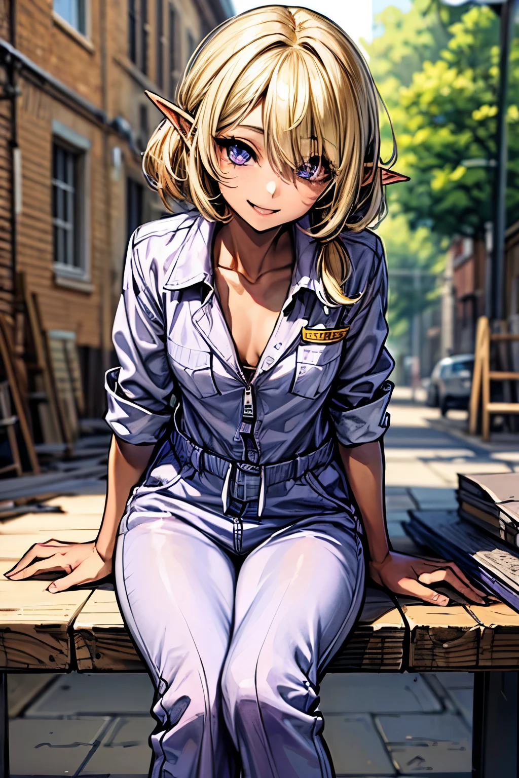 ((Masterpiece)), (Anime:1.3), ((best quality)), (RAW photo:1.2), (High Definition:1.3), (Professional Photography:1.2), (12 years old), (1girl), cute young girl, (Sitting Cute posing:1.4), BREAK, (Happy smile:1.3), (Beautiful purple daiamond eyes:1.5), (dark skin), elf girl, wearing Gray Workwear Coveralls, flat chest, slender waist, BREAK, (hair over eyes:1.2), Silky unruly hair, medium hair, ((blond hair)), wearing Gray Workwear Coveralls, (on the construction site),