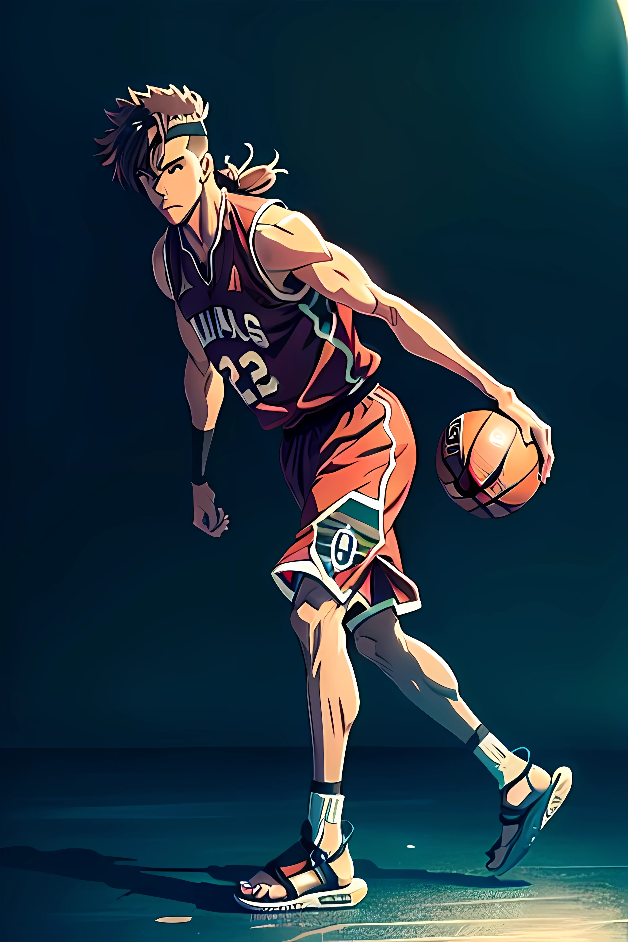 monochrome stylized digital art graffiti, ((he's a brown-skin jujustu kiasen anime character)), ((he is wearing a basketball uniform, black strapped sandals)), walking in darkness with his back turned to the camera, ((he has a mullet haircut)), cool design, ((better drawn hands)), up-close shot, 2d anime character, ((better drawn face)), perfect anatomy, shadows and lighting, dense muscles