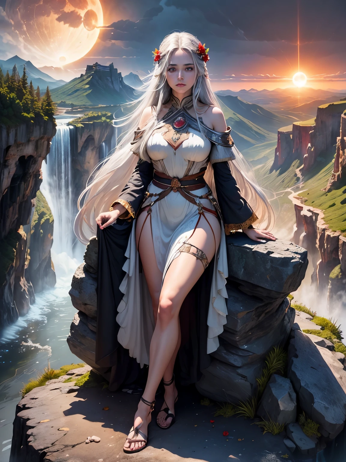 BEAUTIFUL WOMAN on the mountain, sunset sky, red sunset clouds, sunset, long hair in the wind, eagle feathers, eagle queen, goddess dressed in eagle feathers, fantasy, overexposure, perfect eyes, metallic colors, surreal art , full body, bare feet, view of mountainous horizon, lake in the distance, lady in the center of the scene, huge full moon in front of the sun, ((transparent clothing)), ((dark storm clouds with lightning)), falls lightning, light drizzle, fog in the distance, goddess on top of the mountain, girl standing, toenails painted red, ((flowers on top of the mountain)),