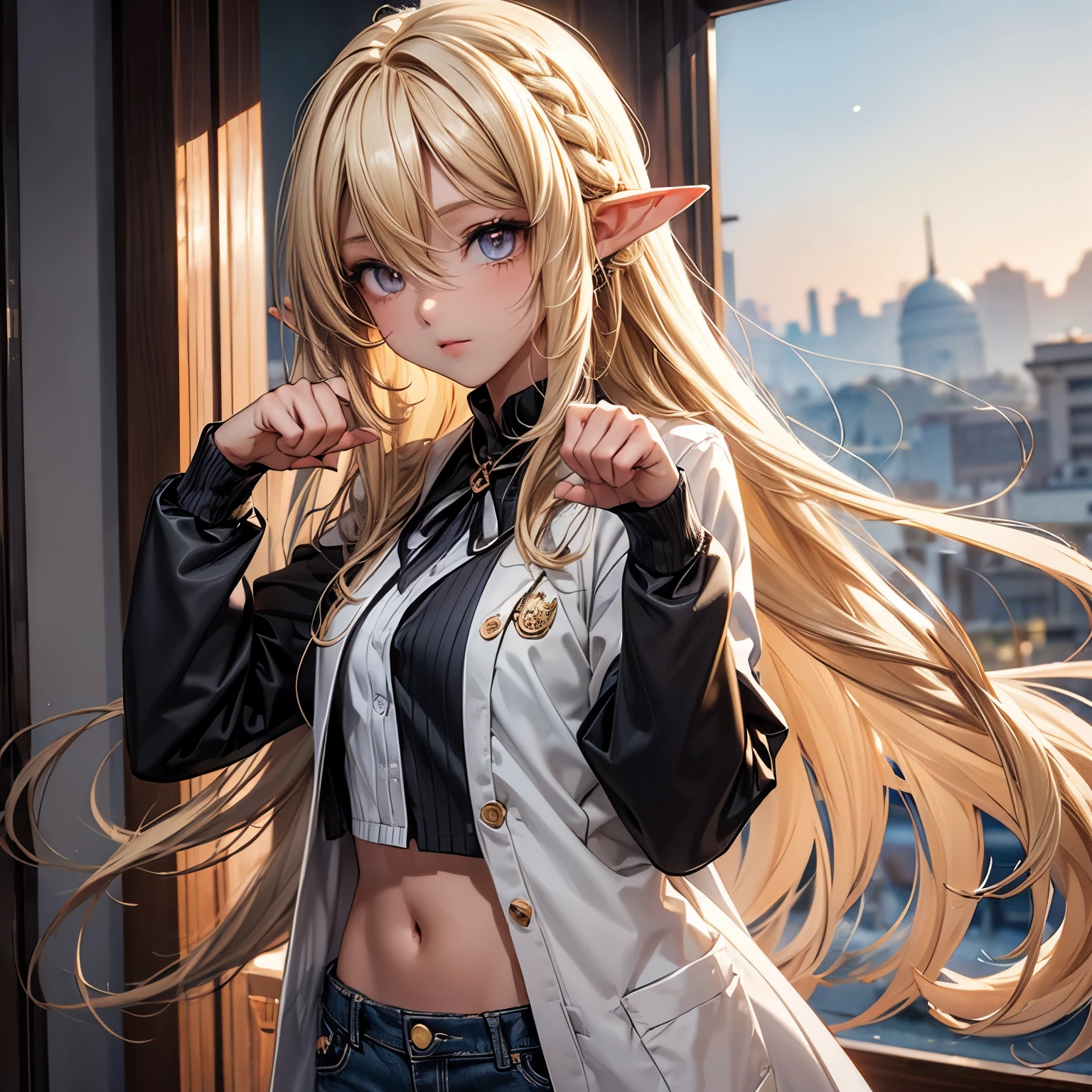 ((Masterpiece)), (Anime:1.3), ((best quality)), (RAW photo:1.2), (High Definition:1.3), (Professional Photography:1.2), (12 years old), (1girl), cute young girl, BREAK, (paw pose:1.3), (Beautiful dark daiamond eyes:1.5), (dark skin), elf girl, flat chest, slender waist, BREAK, (hair over eyes:1.2), very long bangs, Silky straight hair, very long transverse hair, ((blond hair)), wear a long cardigan, shortpants, on Acropolis Hills,