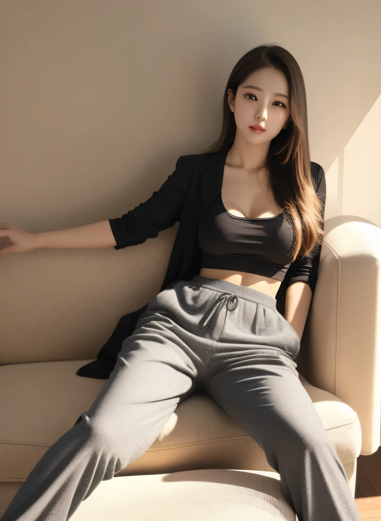best quality, masterpiece, 1 woman,sit on the cozy sofa,cross one&#39;s legs,soft light, korean beauty, long pants, There is a large picture hanging on the back wall.. various poses,