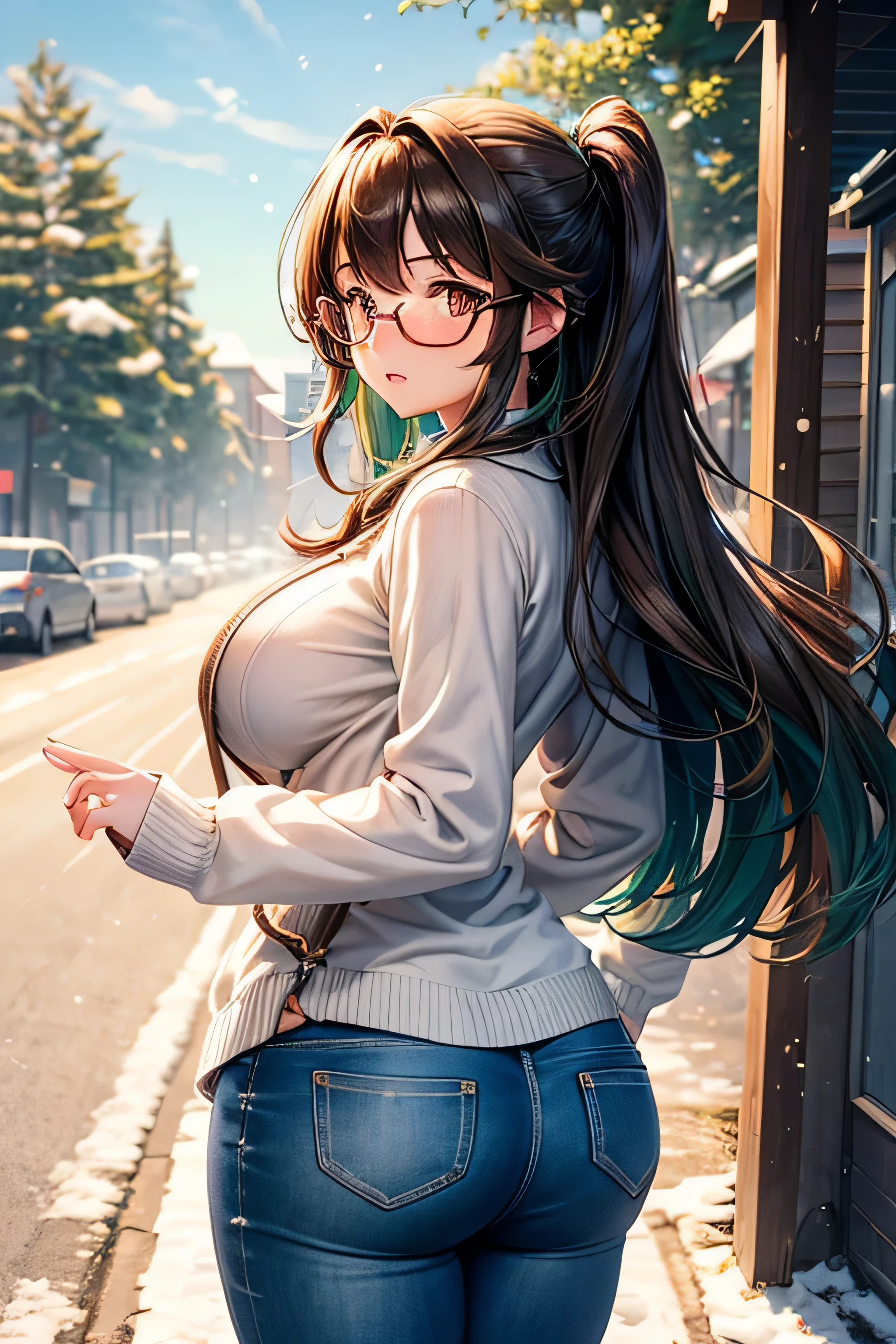 High resolution, high quality, 1 girl, anime girl, brown long hair, brown eyes,heart shaped pupils, green glasses, sunburned skin, big breasts,beautiful breasts, (big ass),beautiful ass,aqua Cardigan,jeans,standing,On the snowy road,