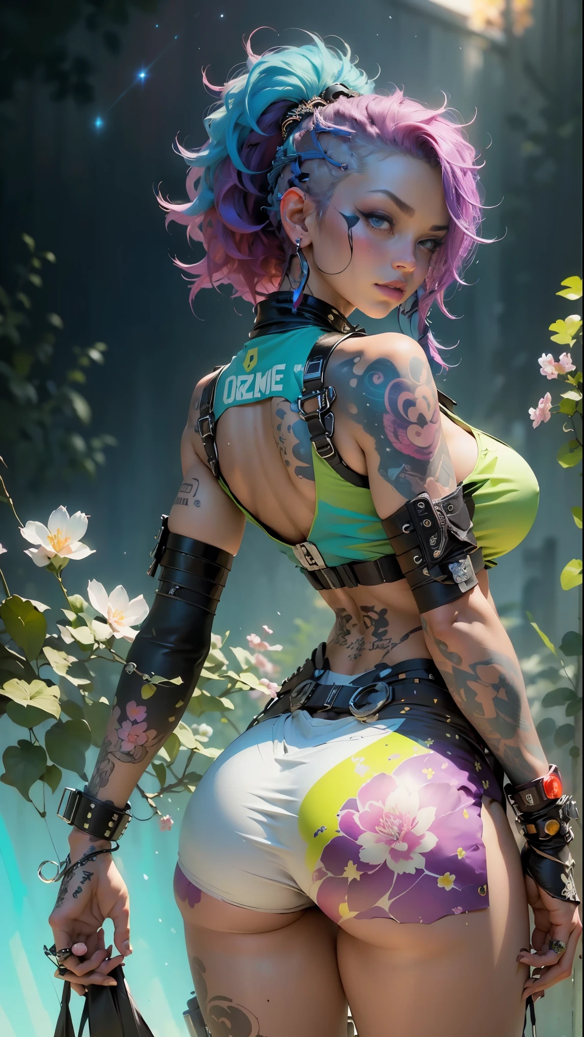 (masterpiece, top quality, best quality, official art, beautiful, cosmic, atmospheric, psychedelic, dreamlike and aesthetic:1.2), (1girl, neon punk rock mohawk hair, tons of tattoos and piercings, accentuated super huge enormously gigantic tits, cleavage showing, full body portrait), extreme detailed,(fractal art, camera view from behind:1.3),colorful,highest detailed, cherry blossoms and butterflies blowing in the wind