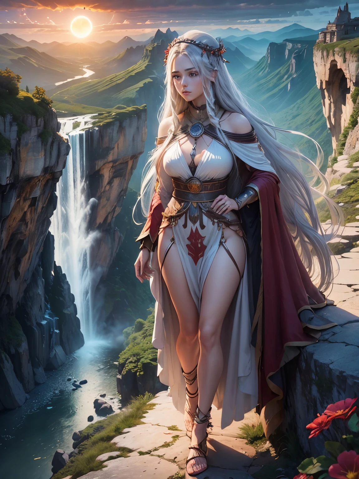 Trending on Artstation, Rachel Walker, BEAUTIFUL WOMAN on the mountain, sunset sky, red sunset clouds, sunset, long hair in the wind, eagle feathers, eagle queen, goddess dressed in eagle feathers, fantasy, overexposure, perfect eyes, metallic colors, surreal art , full body, bare feet, view of mountainous horizon, lake in the distance, lady in the center of the scene, ((huge full moon in front of the sun)), ((transparent clothing)), ((dark storm clouds with lightning)), falls lightning, light drizzle, fog in the distance, goddess on top of the mountain, girl standing, toenails painted red, ((flowers on top of the mountain)), (((rock bridge between mountains))), ((ancient castle embedded in the mountain)), lantern and lamp, ((exaggeratedly long hair)), ((hair moved by strong wind)), ((native clothing)) , ((silver hair)), ((face of Caucasian European woman)), (((waterfall going down the mountain)), ((la diosa esta inclinada mirando el vacio)), (((la dama esta inclinada observando el vacio del valle))),