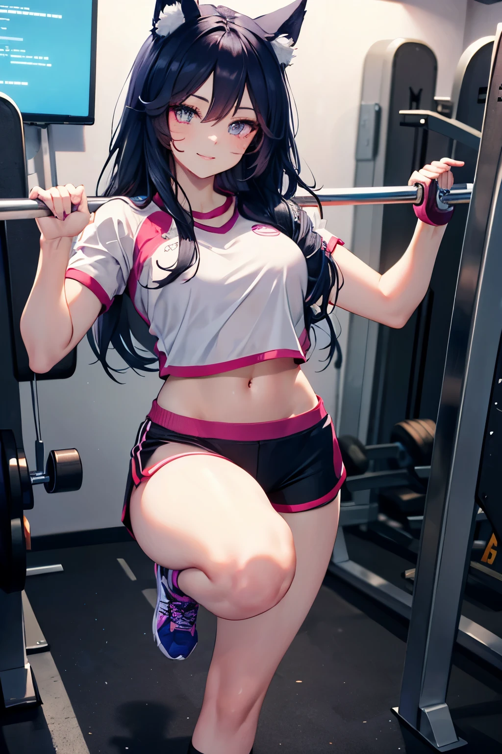 (best quality,4k,highres,masterpiece:1.2),ultra-detailed,Ahri at the gym, wearing shorts and a crop top, beautiful detailed eyes,beautiful detailed lips,extremely detailed face,longeyelashes, midriff visible, smiling, posing on one leg giving a peace sign,physically-based rendering,studio lighting,ultra-fine painting,vivid colors,bokeh,athletic,determined,fit,energetic,modern gym equipment,exercise machines and weights,energetic and dynamic atmosphere,training motivation,sporty,active,lively,fitness studio,blue and white color tones with touches of pink and purple,sharp focus