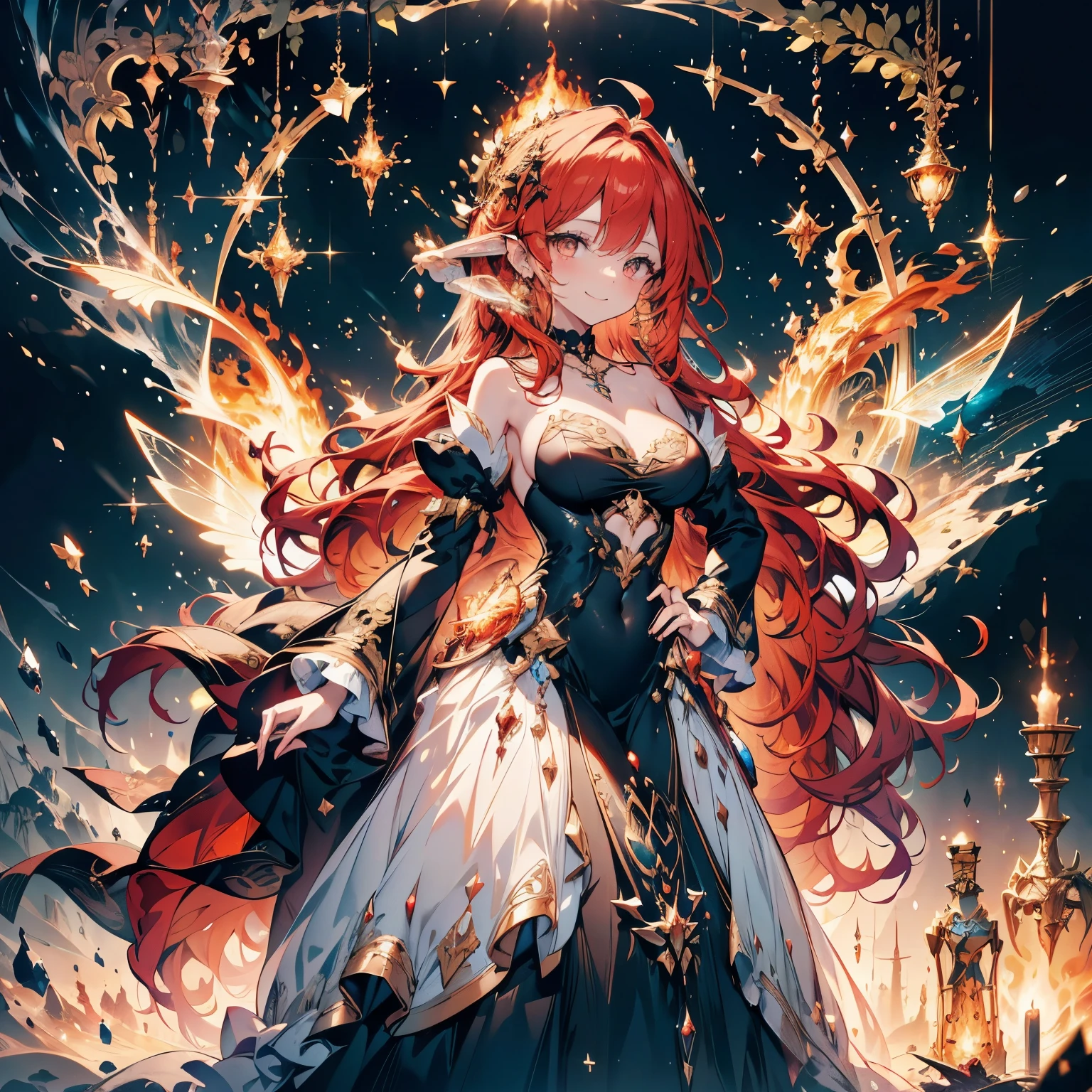 insanely detailed, beautiful, exquisite, masterpiece, absurdres, 16K, fairy woman, dress base on fire,((dress with motif of fire)), giant fairy wings,((smiling,excited, grinning)), floating, left hands on hips, right hand holding fire,looking at viewer, ahoge, bob, covering one eye, wavy hair, red hair, golden eyes, big eyes, tanned skin, slim, piercing, earrings, choker, black background, with a big explosion in the background, fantasy, romantic academia, hard-edged, from above, from front, dramatic lighting, cinematic lighting, volumetric lighting, dynamic lighting