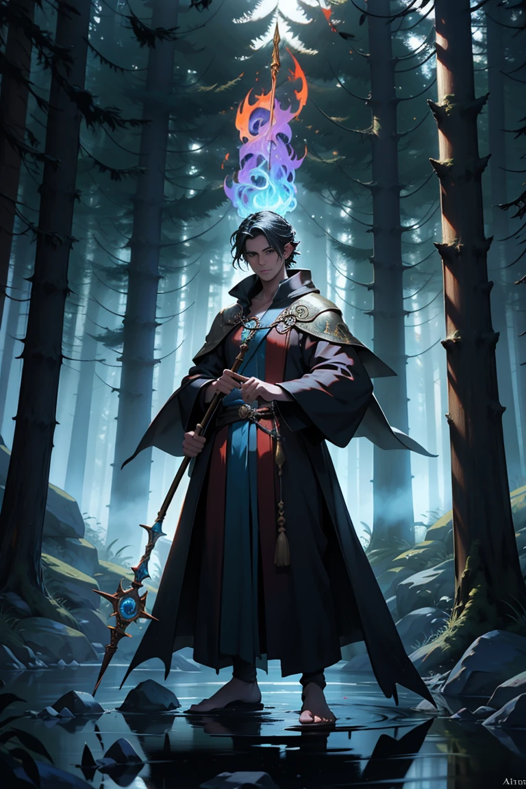 a powerful D&D mage,wearing a long robe,holding a staff of fire,with arcane symbols glowing on the robe,bathed in golden light,casting a spell,standing in a mystical forest surrounded by ancient trees,with ethereal wisps of magic floating in the air,vibrant colors and rich textures,realistic and highly detailed,inspired by classical oil paintings,featuring dramatic lighting and shadows [High quality high resolution，Art style:Classical oil painting，Sceneysterious forest，figure:powerful D&d mage，detail:Arcane symbols on robes，Holding a flaming staff]