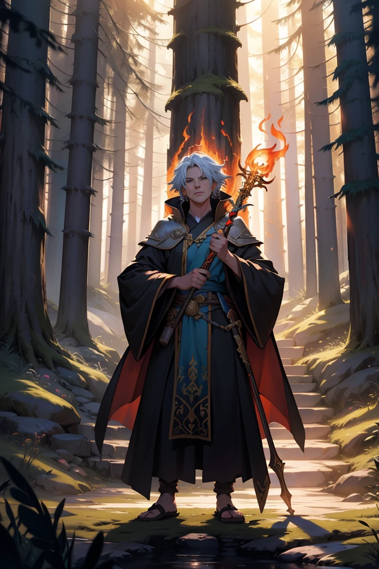 a powerful D&D mage,wearing a long robe,holding a staff of fire,with arcane symbols glowing on the robe,bathed in golden light,casting a spell,standing in a mystical forest surrounded by ancient trees,with ethereal wisps of magic floating in the air,vibrant colors and rich textures,realistic and highly detailed,inspired by classical oil paintings,featuring dramatic lighting and shadows [High quality high resolution，Art style:Classical oil painting，Sceneysterious forest，figure:powerful D&d mage，detail:Arcane symbols on robes，Holding a flaming staff]